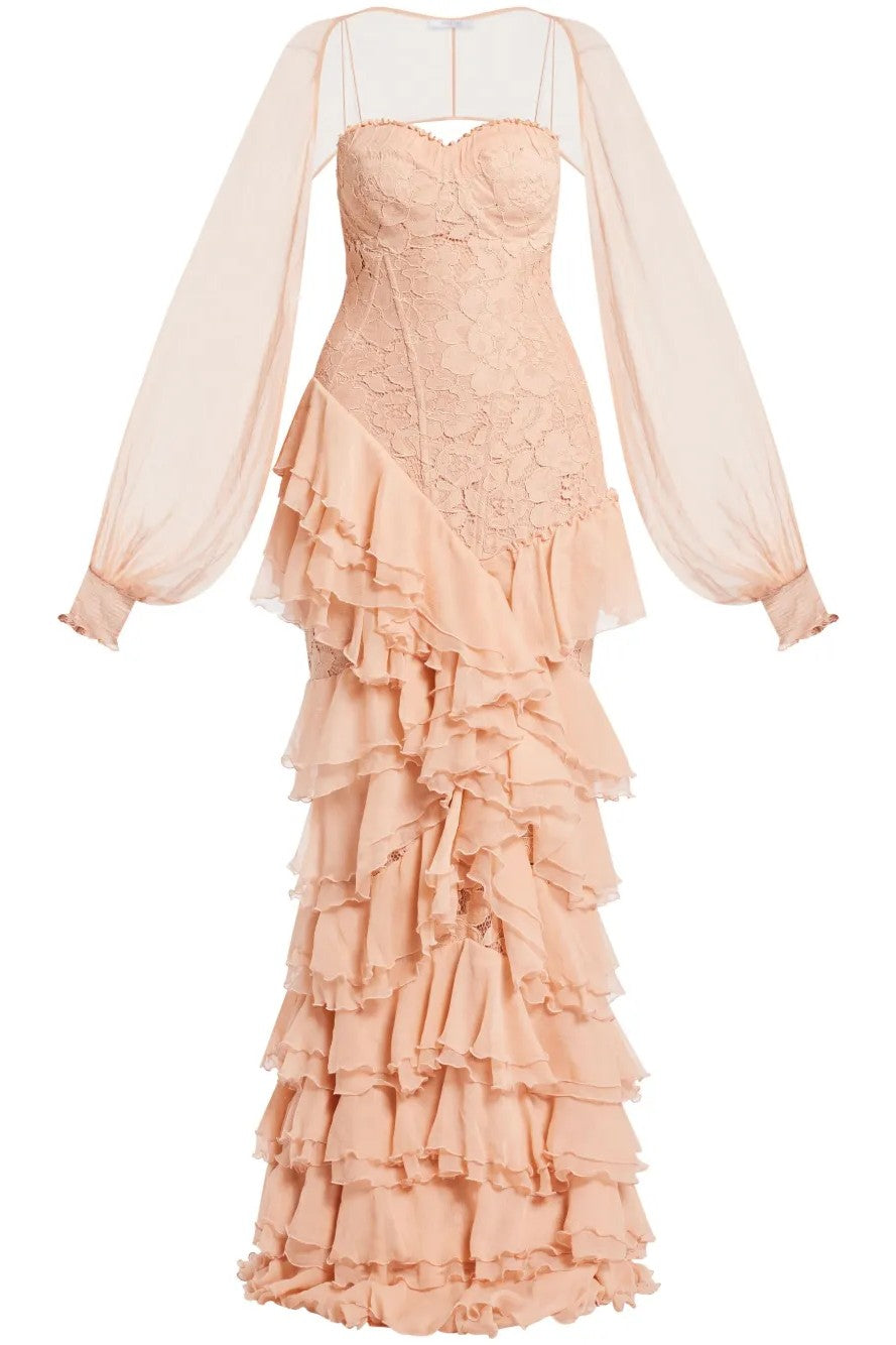 Lace Ruffle Sweetheart Neck Maxi Dress