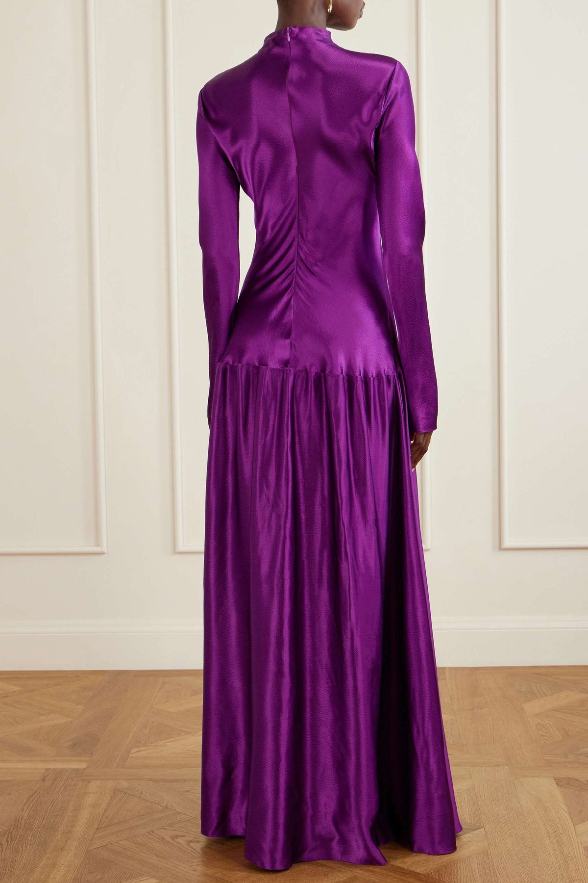 Stand Collar Ruched Long Sleeve Maxi Dress