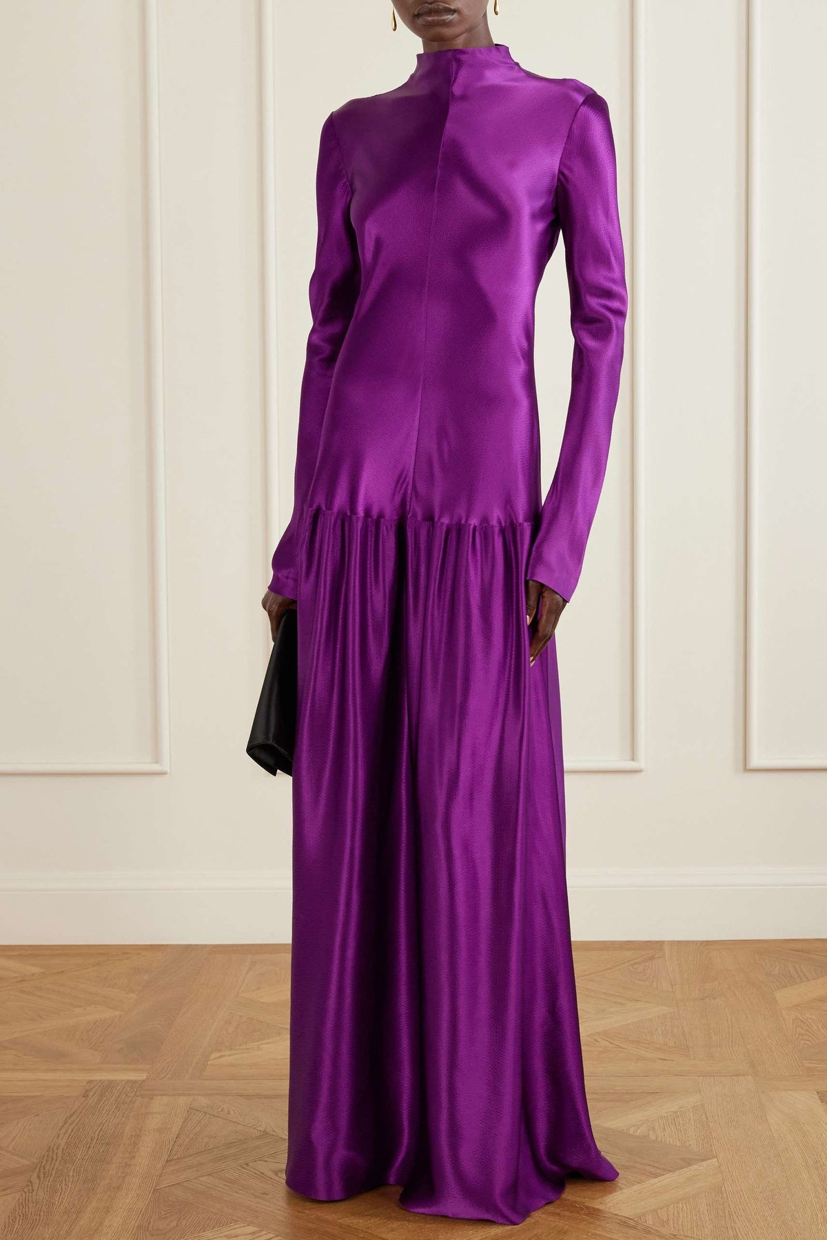 Stand Collar Ruched Long Sleeve Maxi Dress