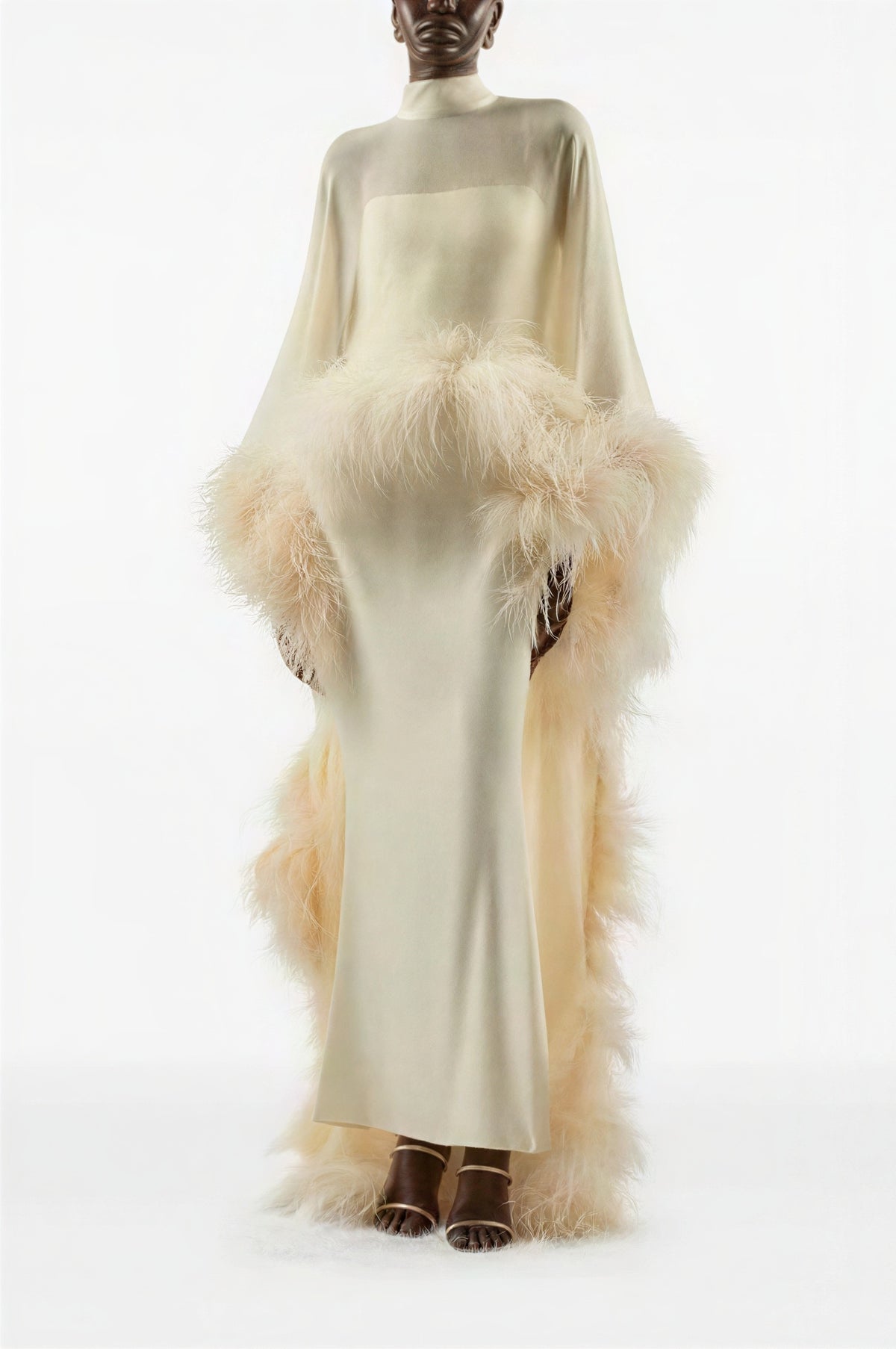 Slip Midi Dress With High Neck Feather Cape