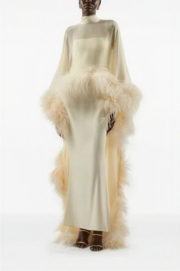 Slip Midi Dress With High Neck Feather Cape