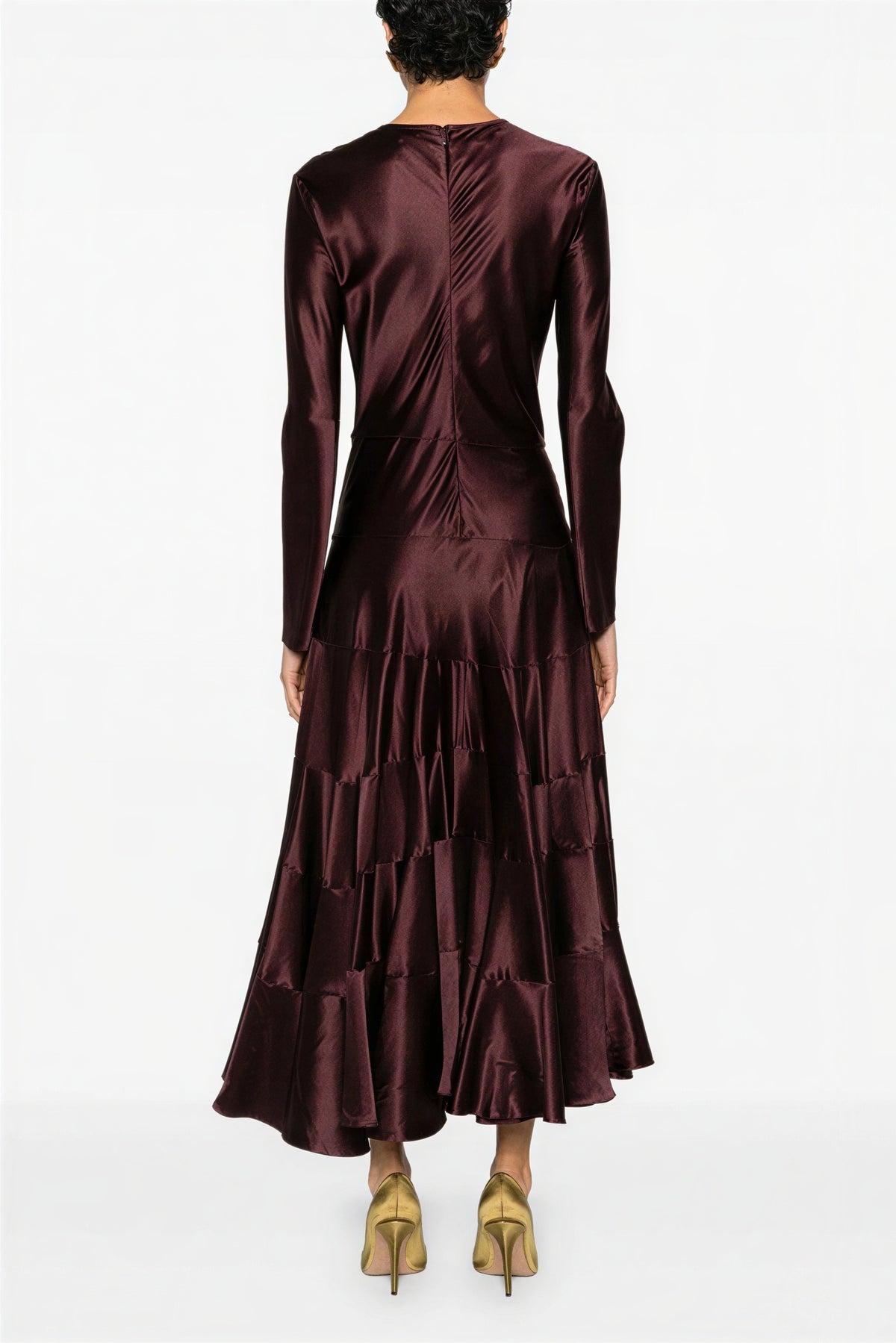 Satin Tiered Ruffle Long Sleeve Midi Dress