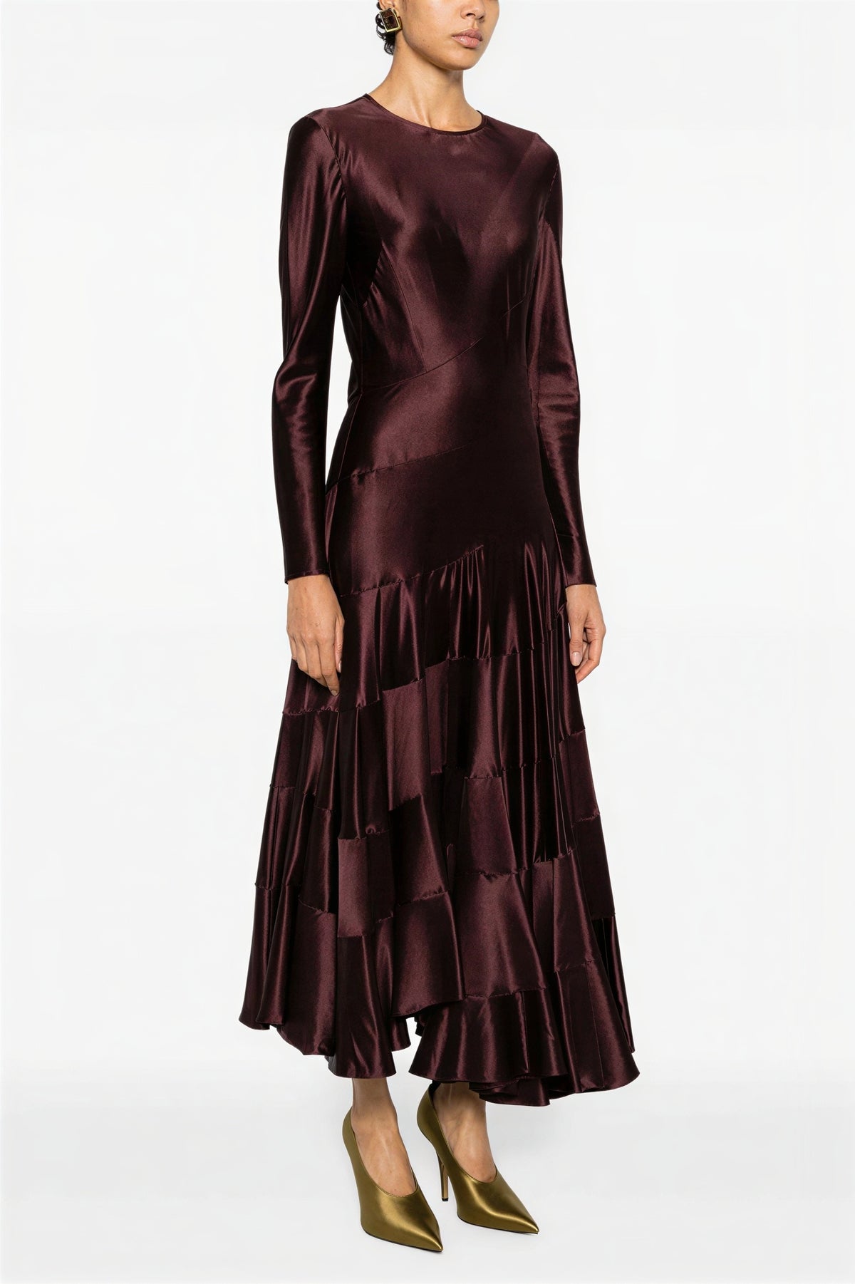 Satin Tiered Ruffle Long Sleeve Midi Dress