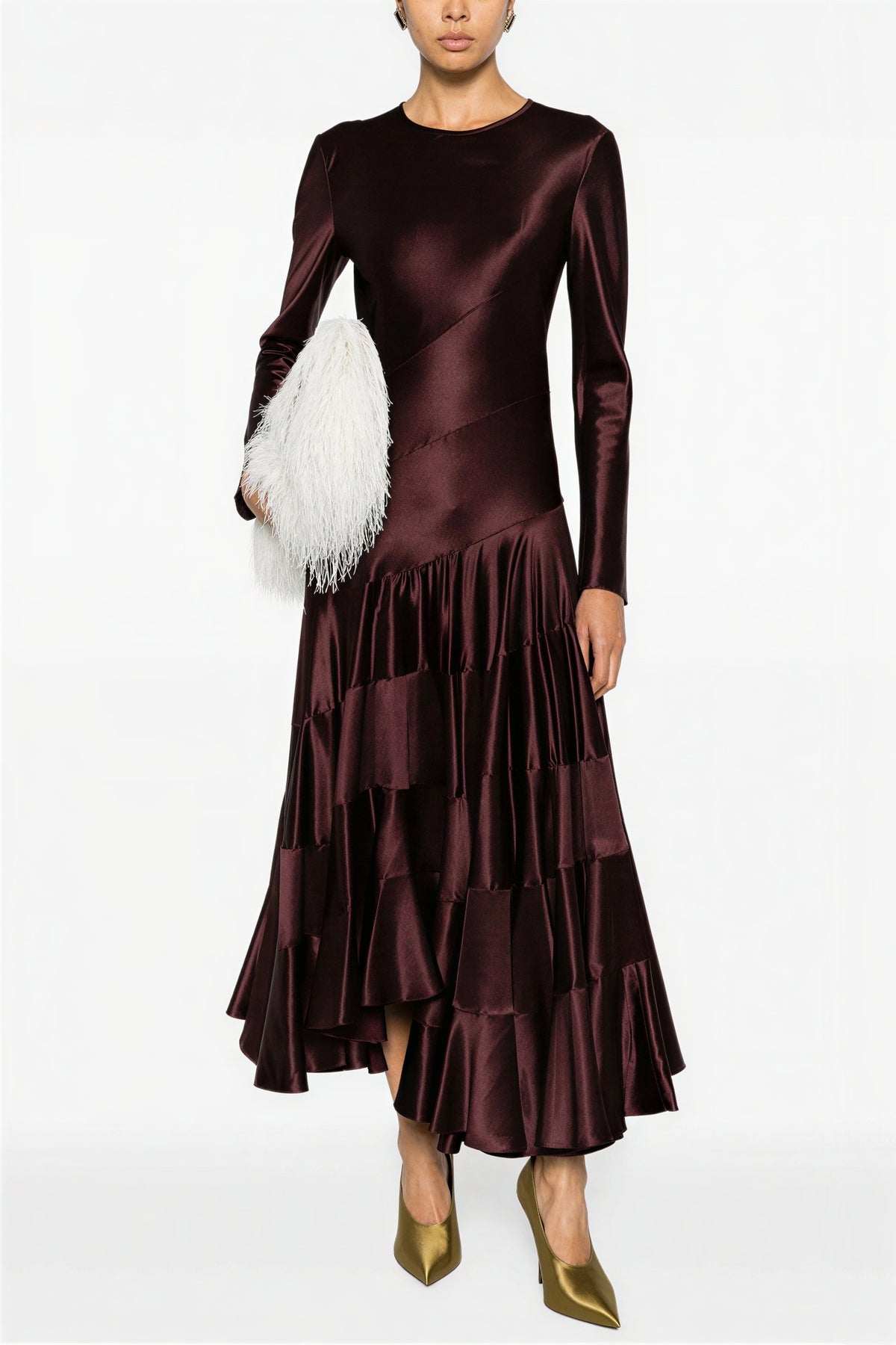 Satin Tiered Ruffle Long Sleeve Midi Dress