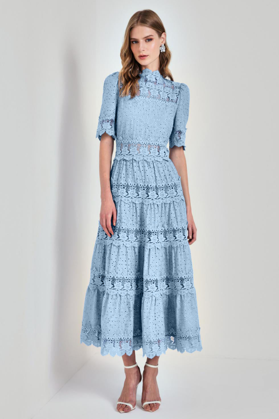 Lace Embroidered Stand Collar Midi Dress