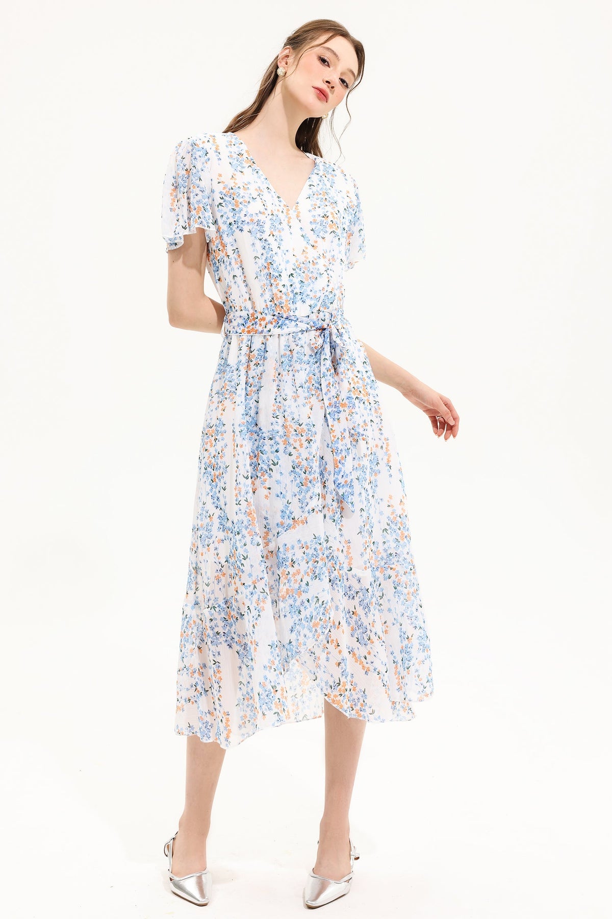 Floral V-Neck Short Sleeve Midi Dress White