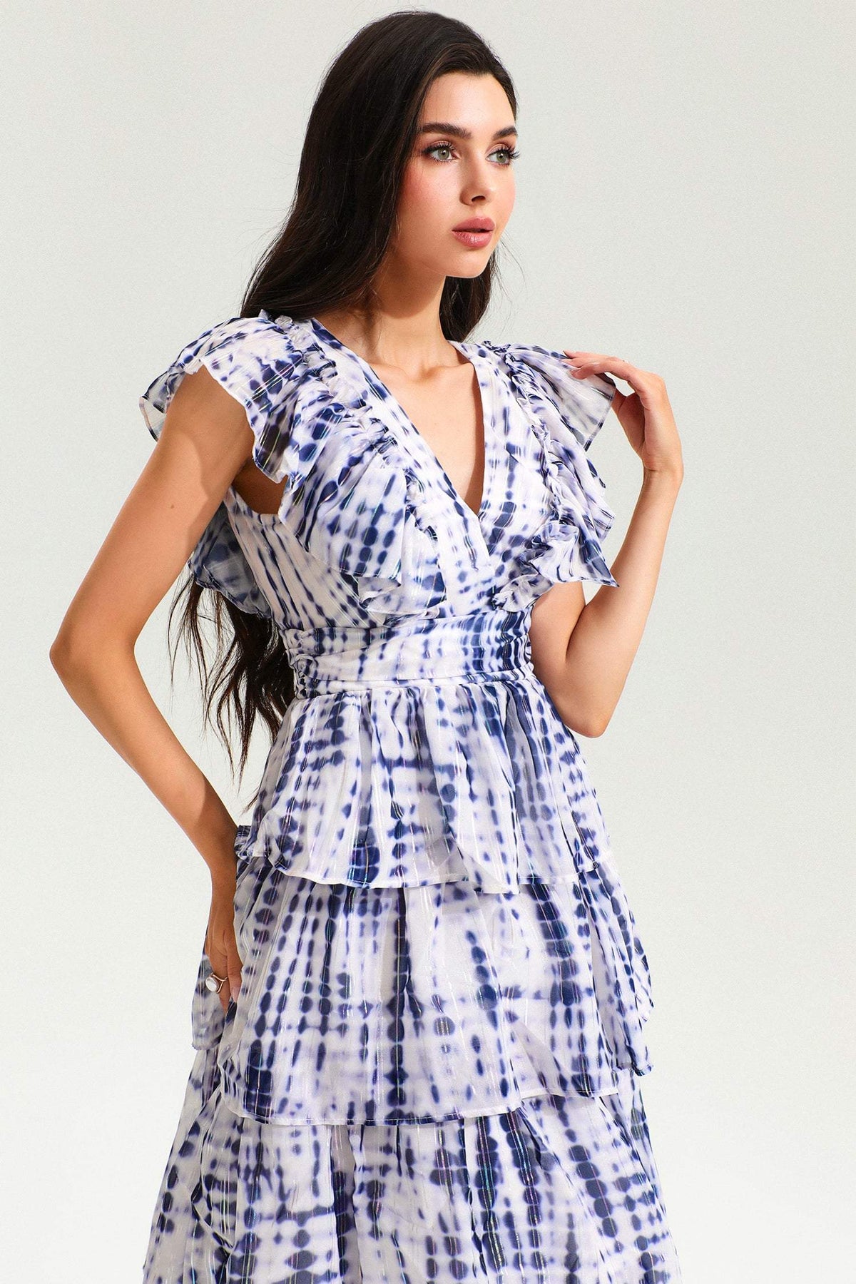 Abstract Print V-Neck Sleeveless Backless Midi Dress