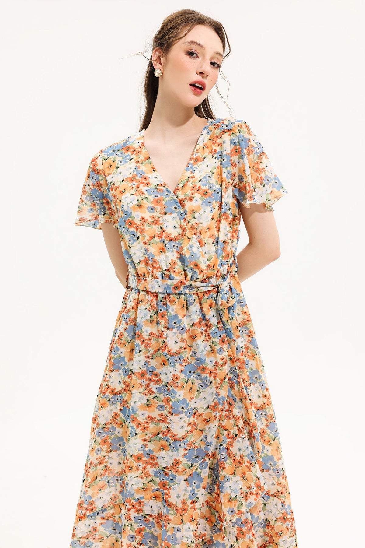 Floral V-Neck Short Sleeve Midi Dress White
