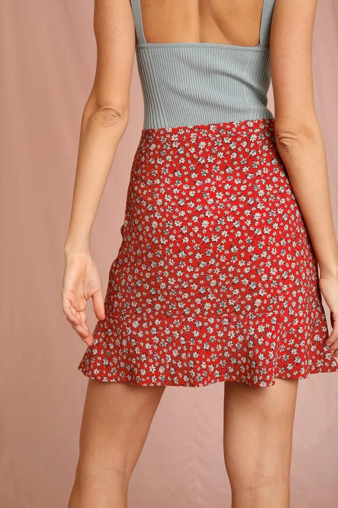 Floral Buttoned Ruffle Mini Skirt Red