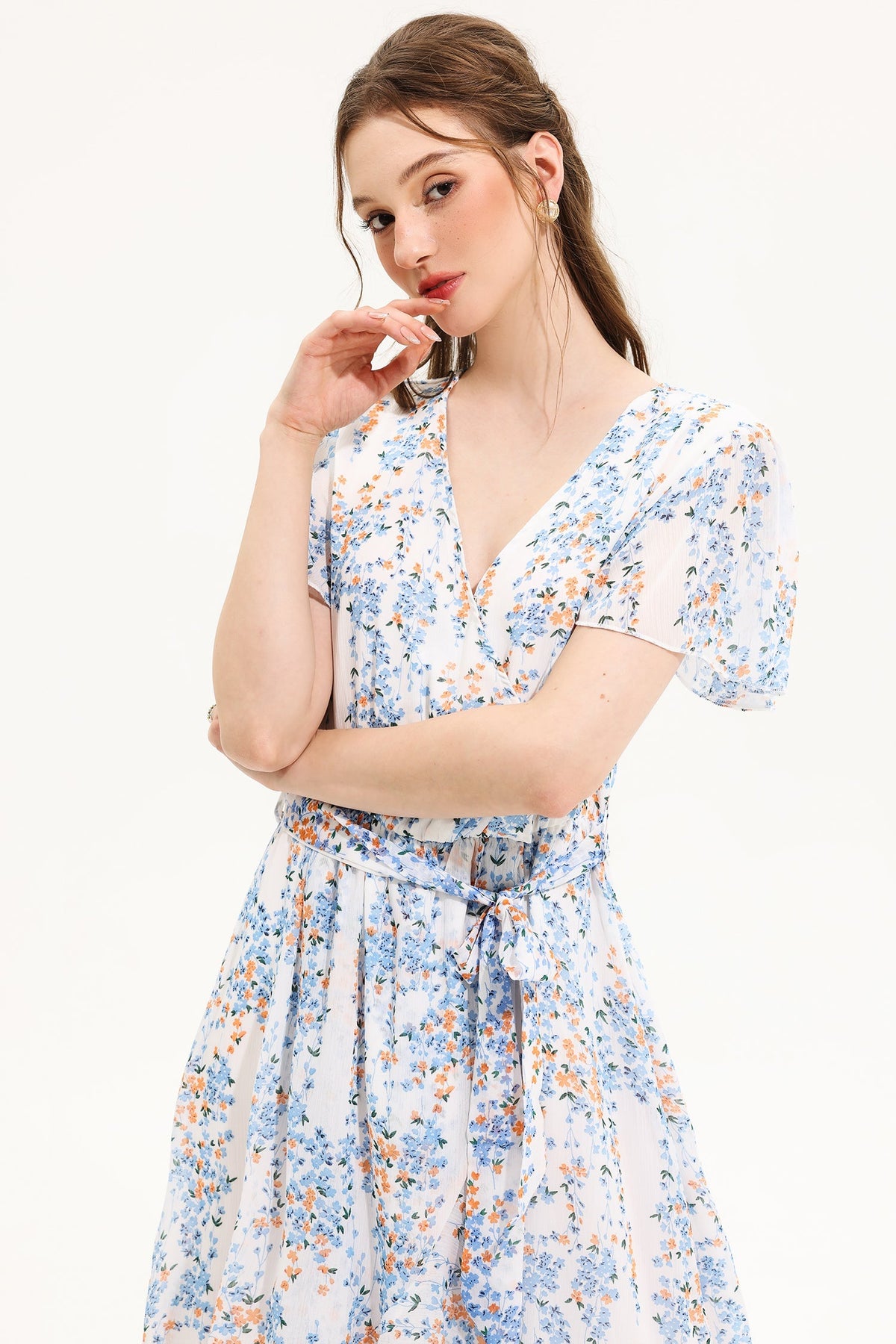 Floral V-Neck Short Sleeve Midi Dress White