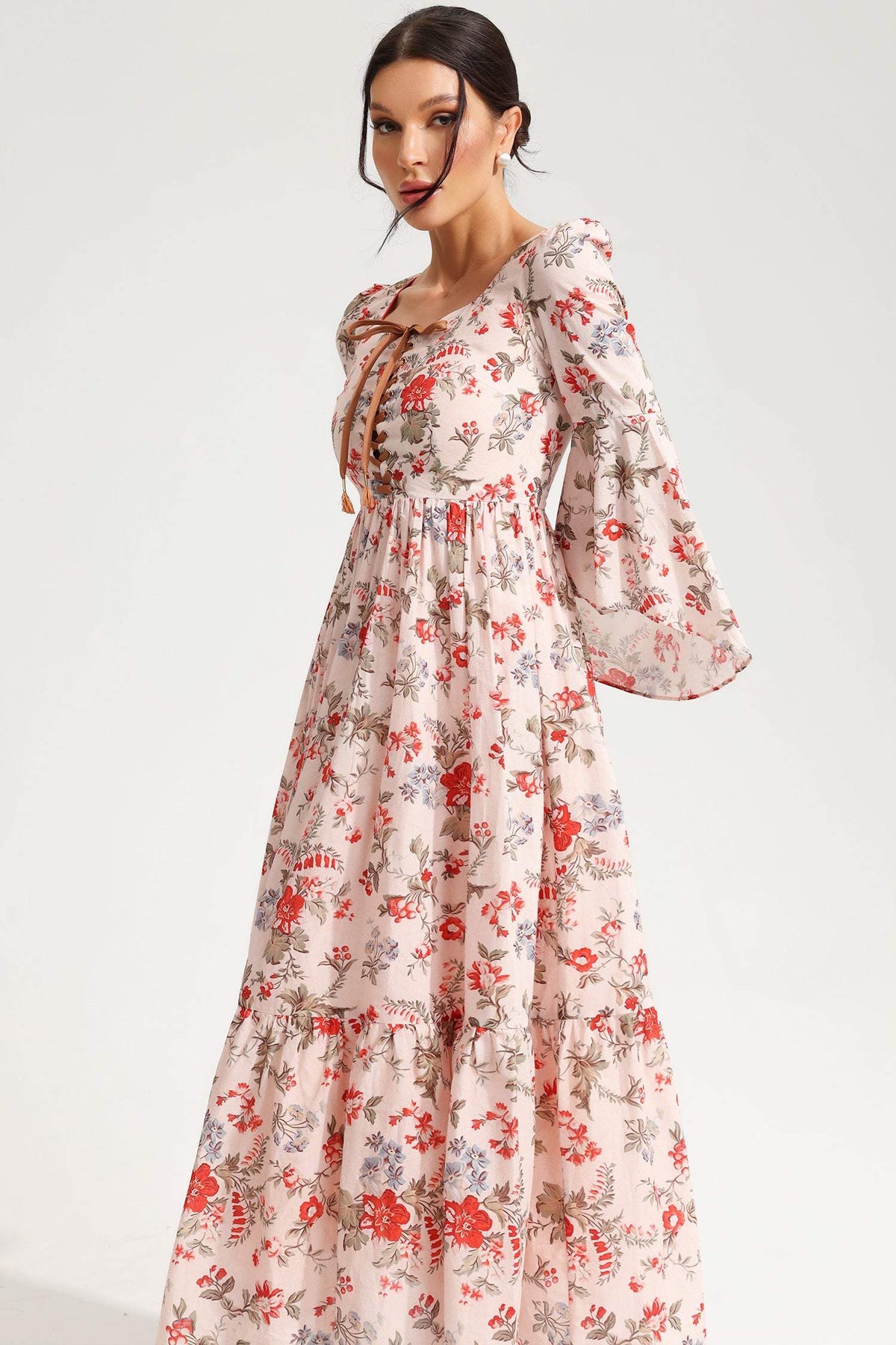 Floral Square Collar Flared Sleeve Lace Midi Dress