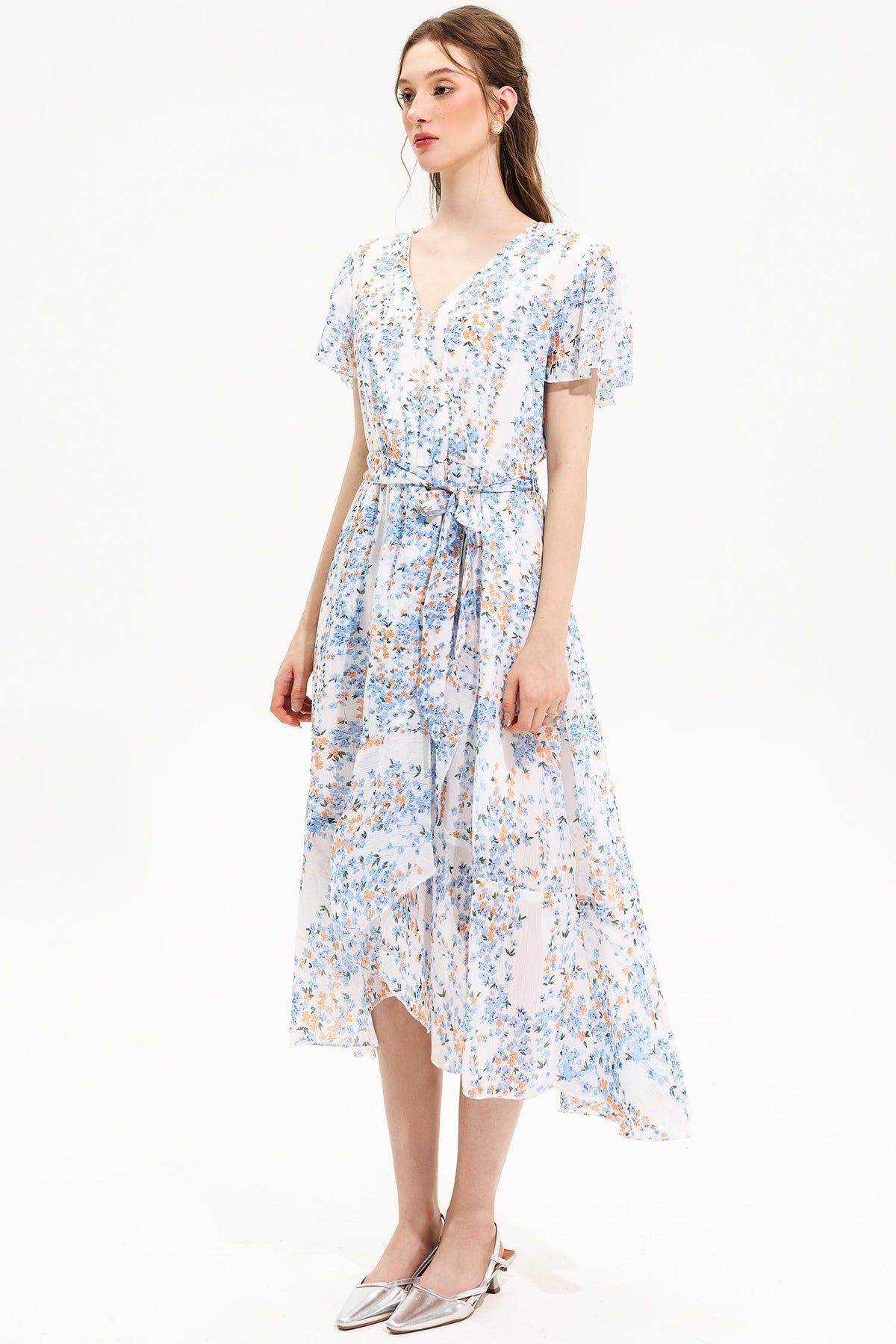 Floral V-Neck Short Sleeve Midi Dress White