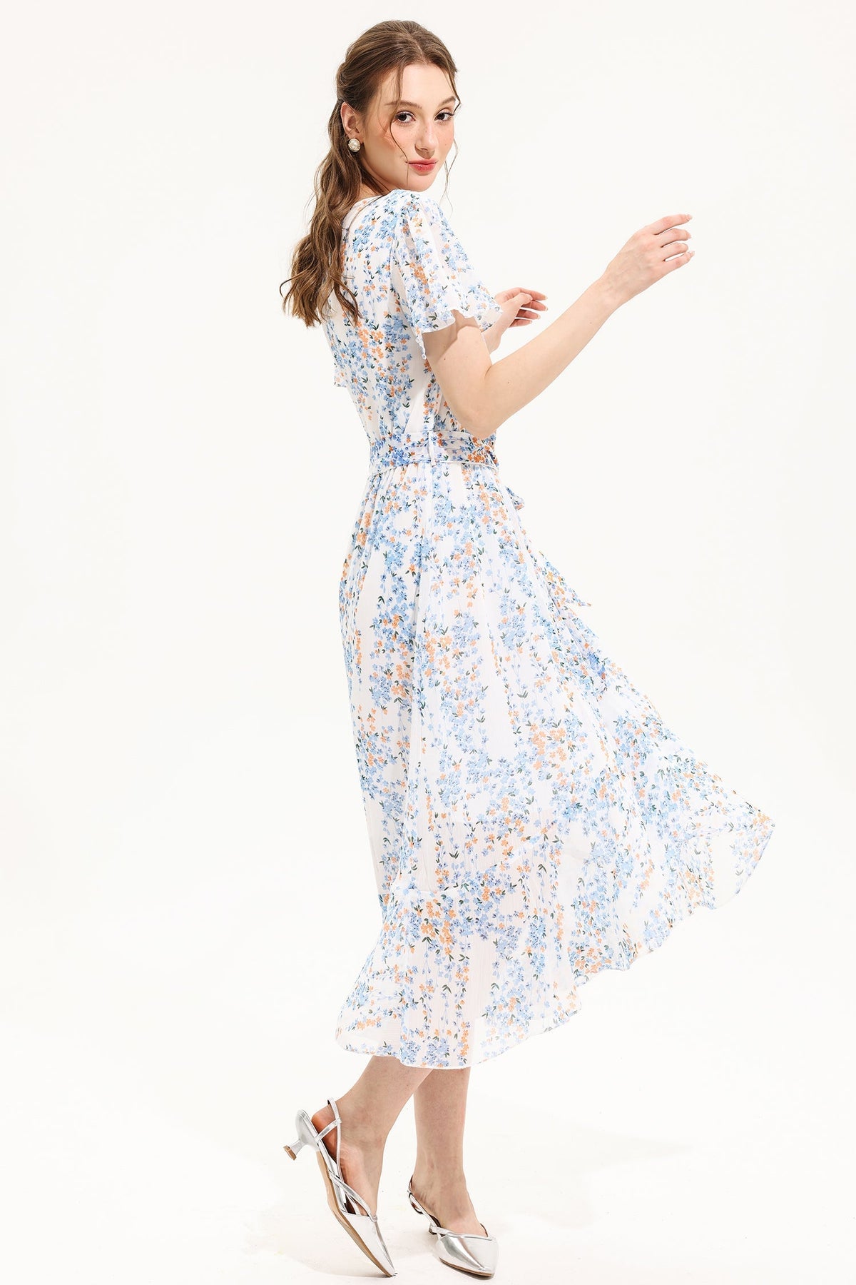 Floral V-Neck Short Sleeve Midi Dress Yellow