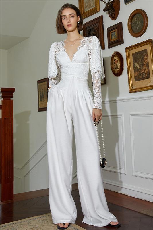 Long Sleeve V-Neck Lace Top White