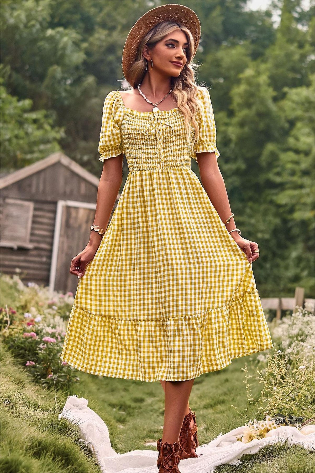 Plaid Square Collar Short Sleeve Midi Dress