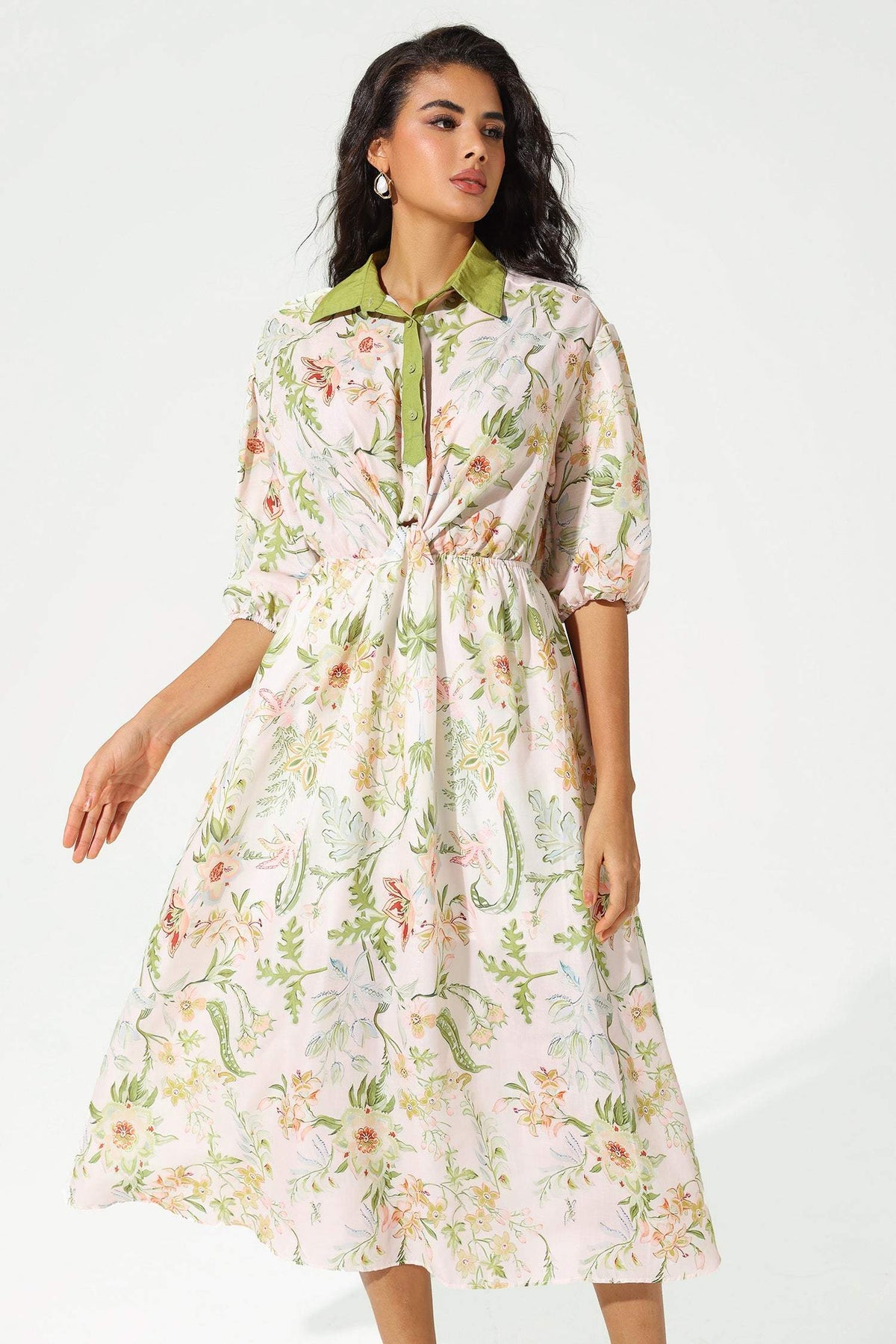 Floral Mid Sleeve Lapel Lace Up Midi Dress