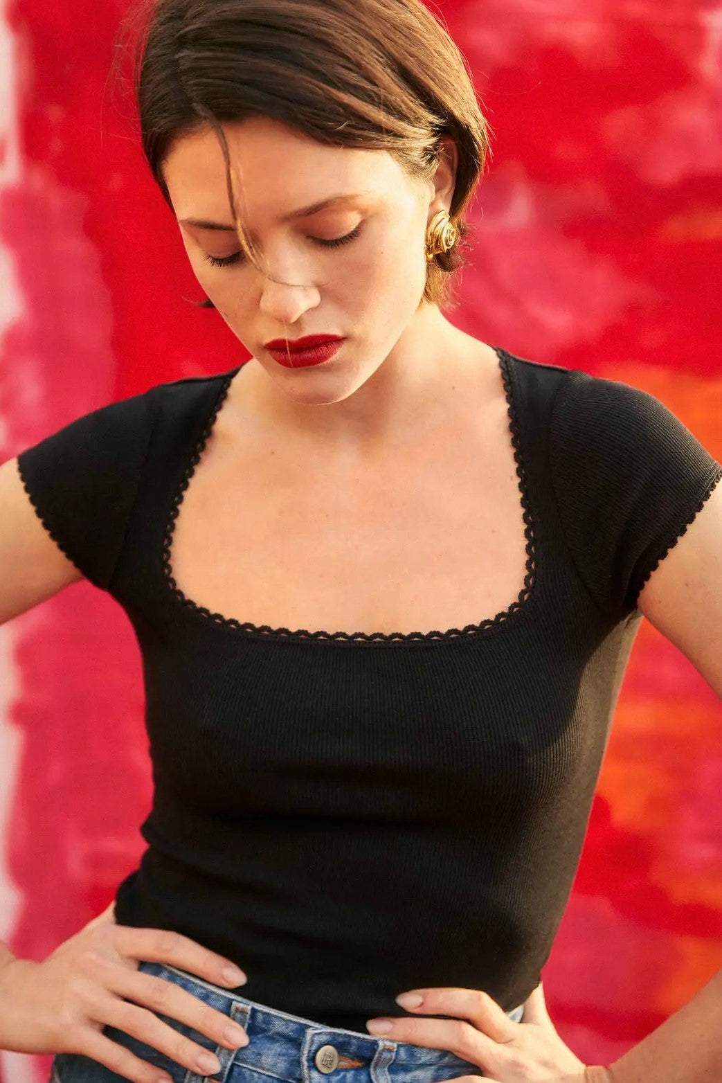 Knit Solid Short Sleeve U-Neck Top Black