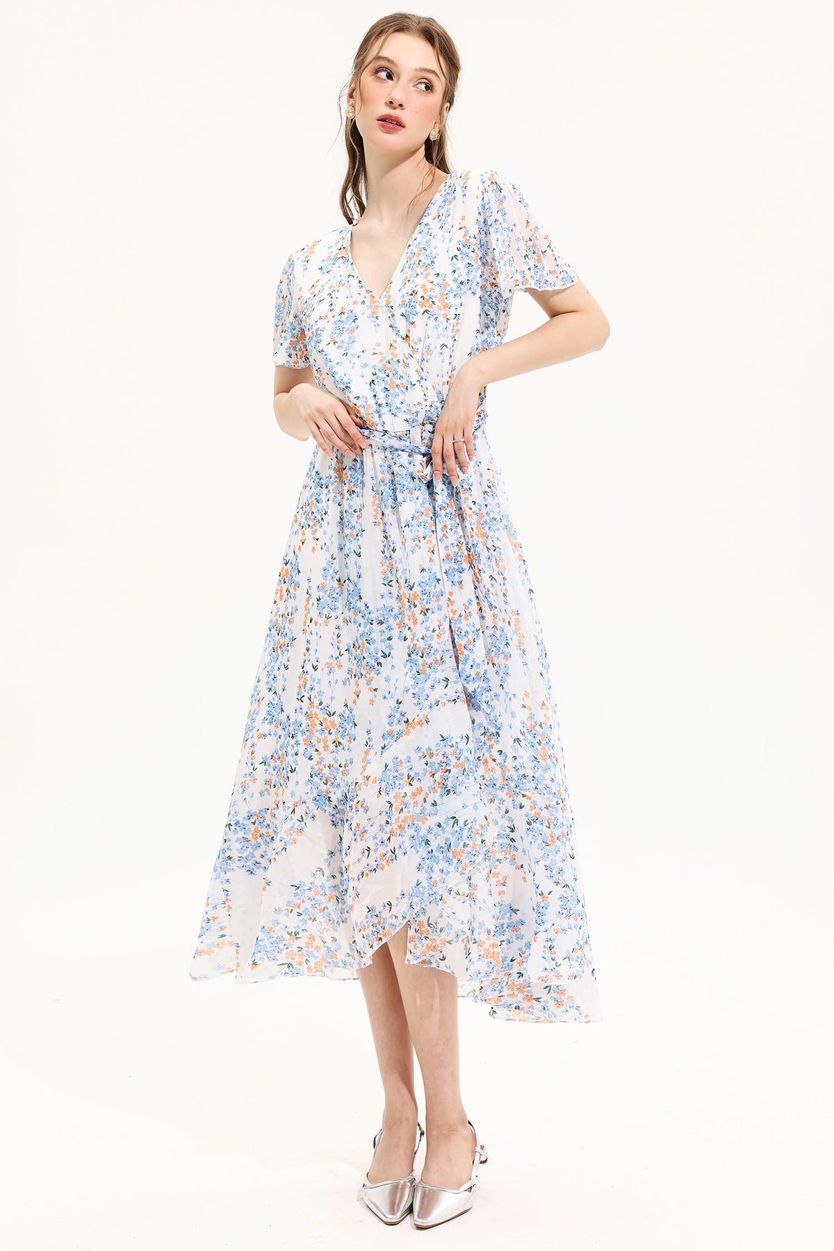 Floral V-Neck Short Sleeve Midi Dress White