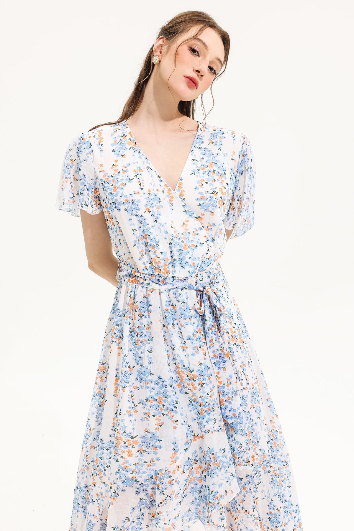 Floral V-Neck Short Sleeve Midi Dress White
