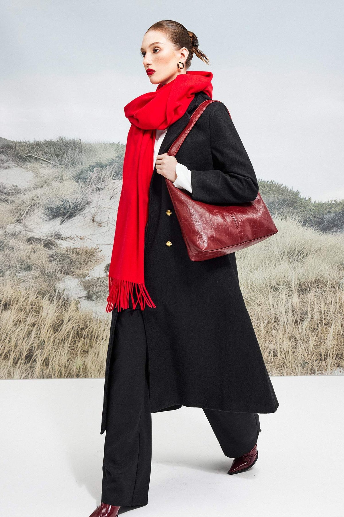 Solid Faux Leather Large Capacity Tote Shopper Bag Red