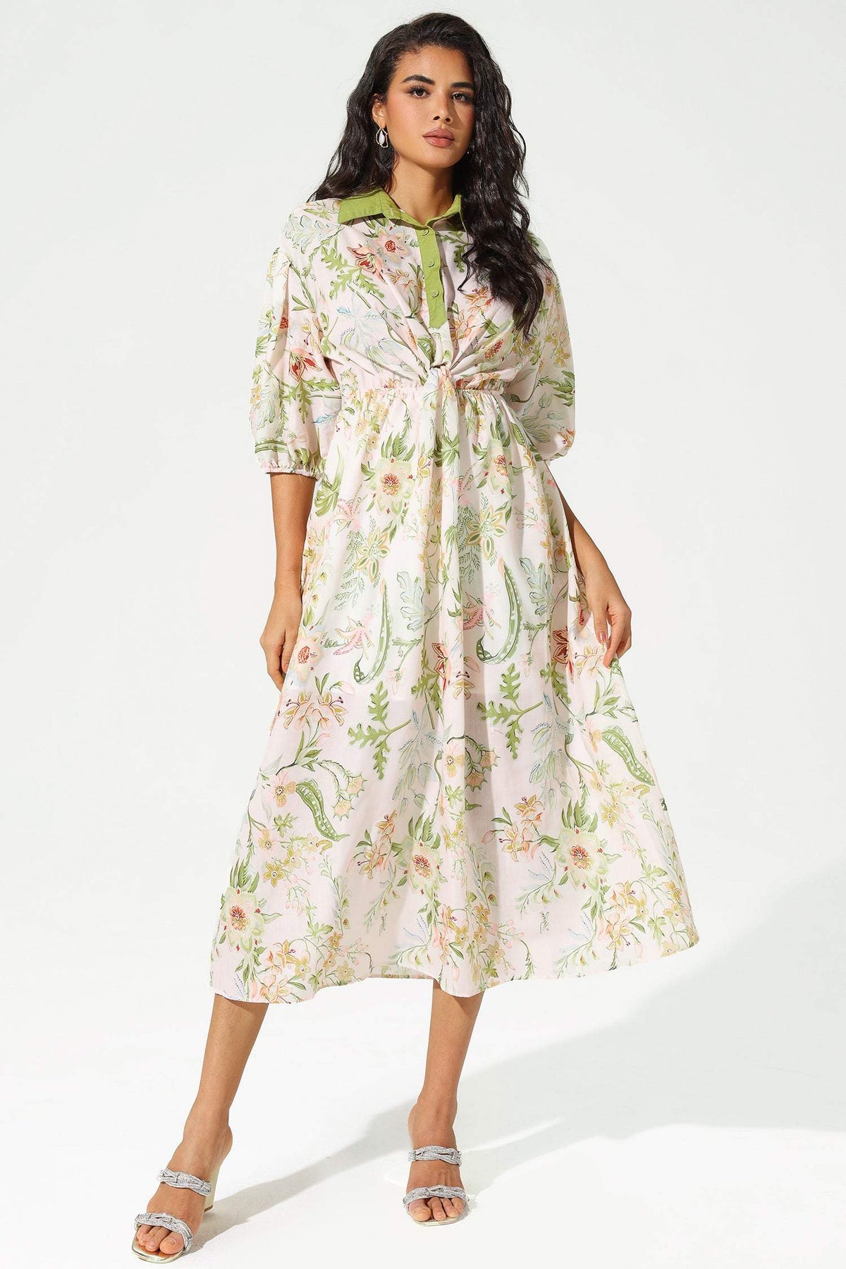 Floral Mid Sleeve Lapel Lace Up Midi Dress
