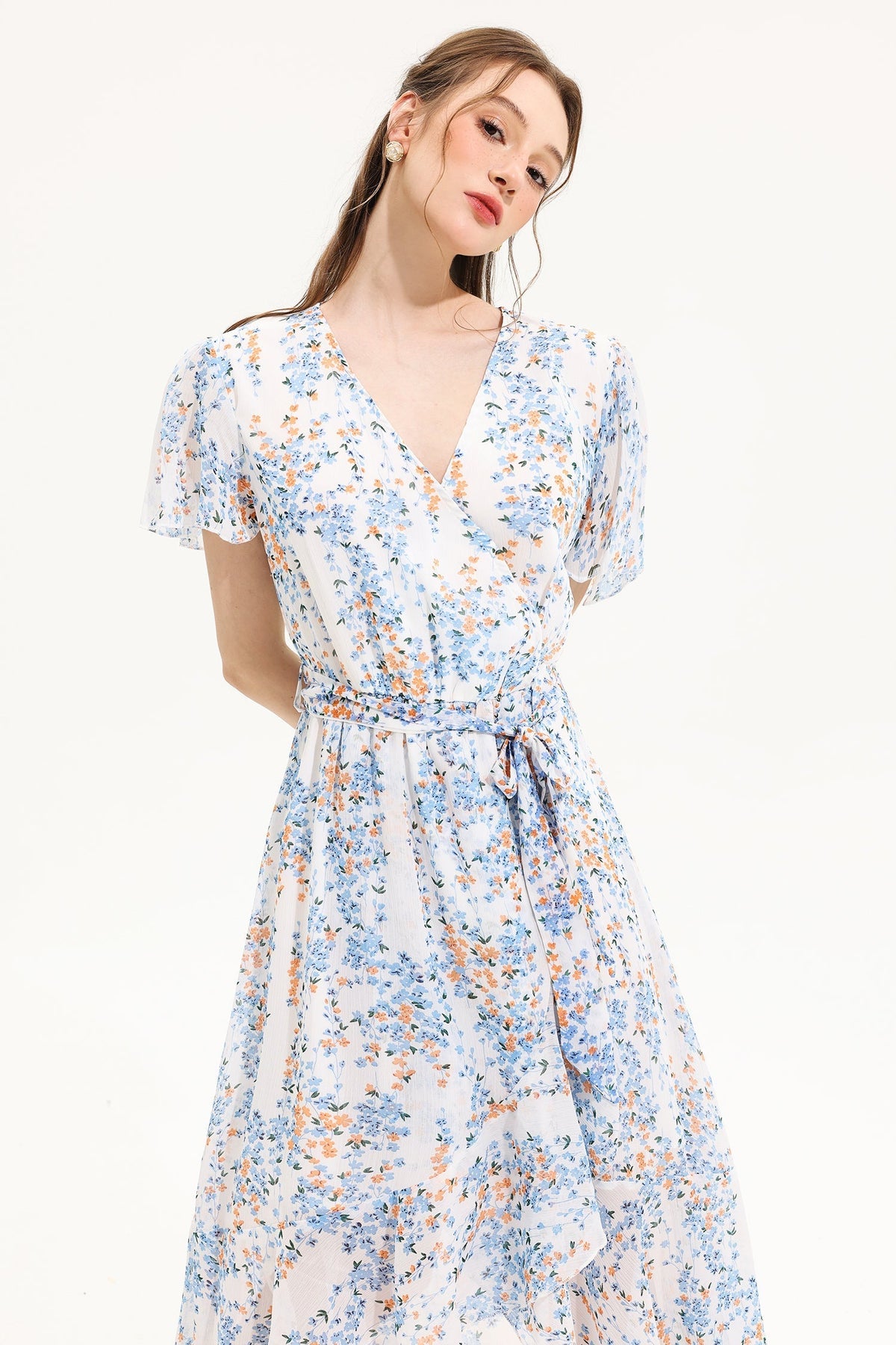 Floral V-Neck Short Sleeve Midi Dress Yellow