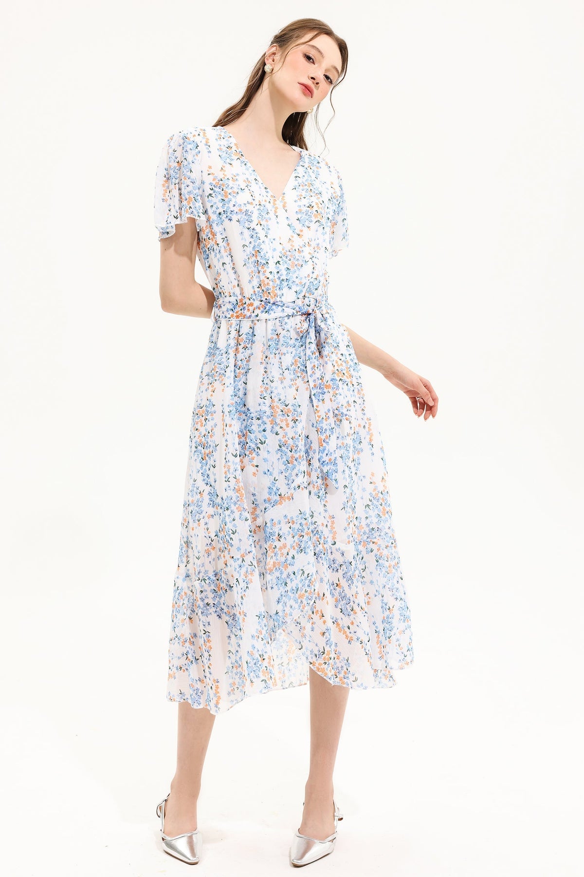 Floral V-Neck Short Sleeve Midi Dress Yellow