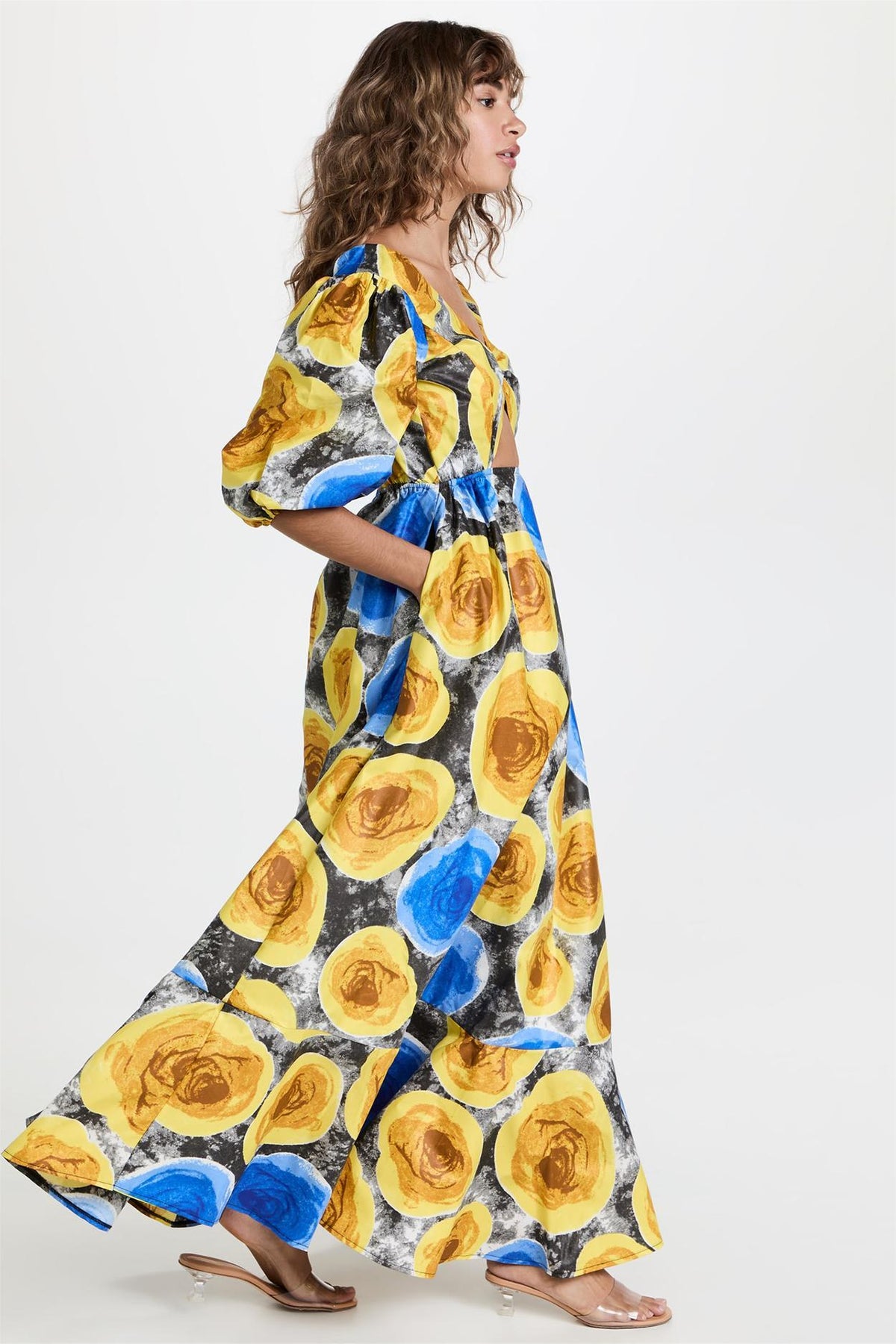 Floral V-Neck Puff Sleeve Cut-Out Midi Dress