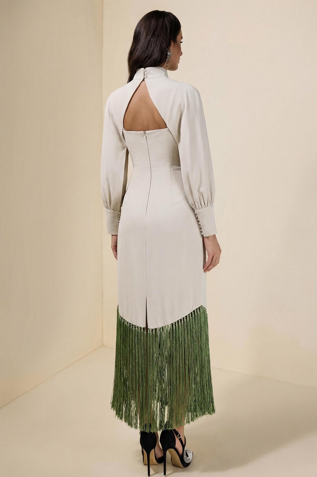Tassel Slip Midi Dress With Cape