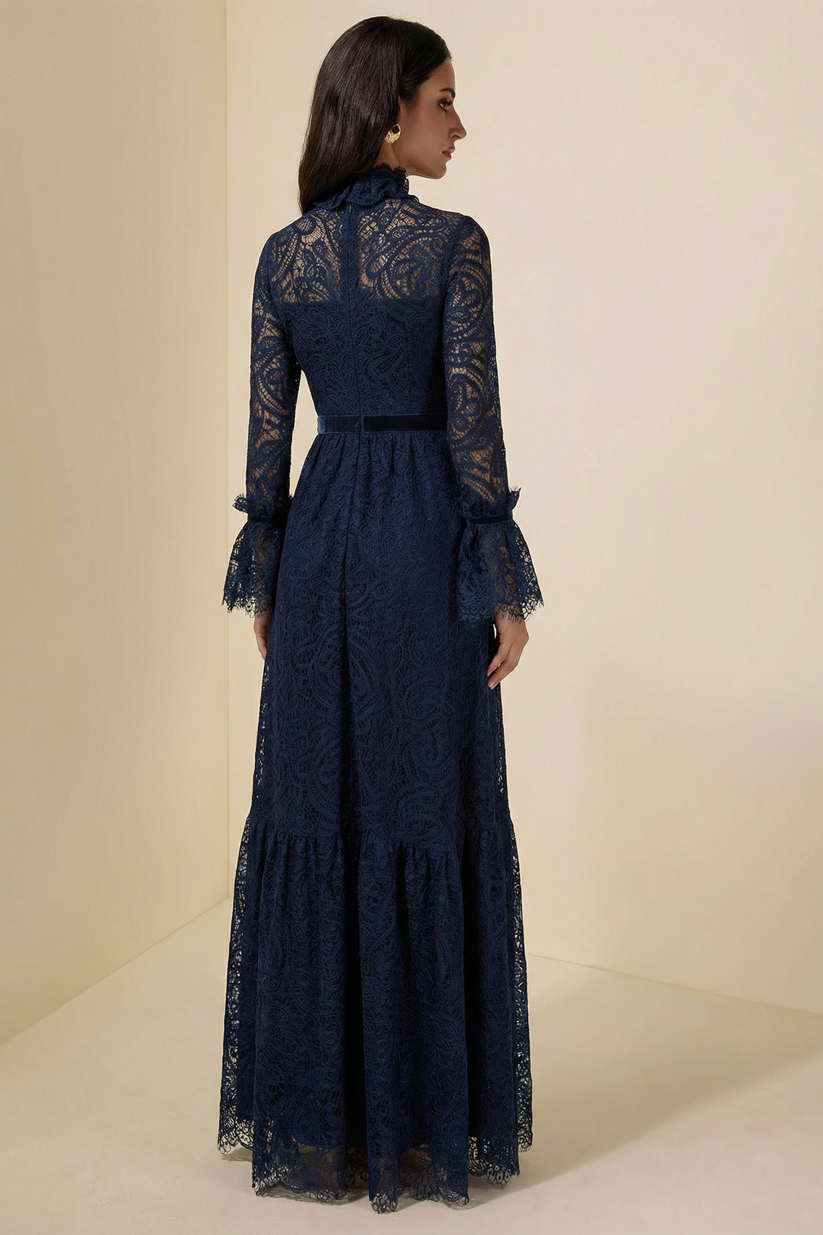 Lace Stand Collar Ruffle Maxi Dress