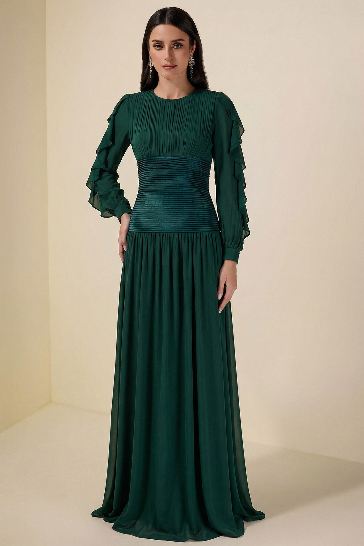Chiffon Ruched Ruffle Maxi Dress