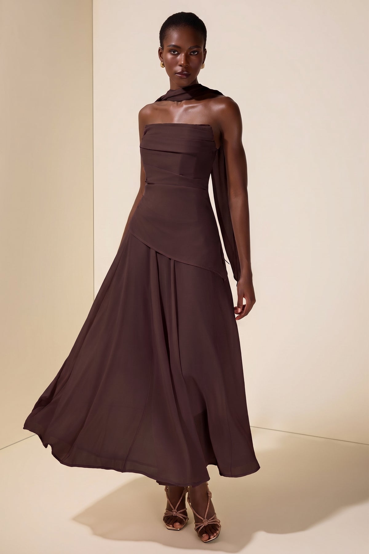 Solid Off-Shoulder Tie-Up Midi Dress