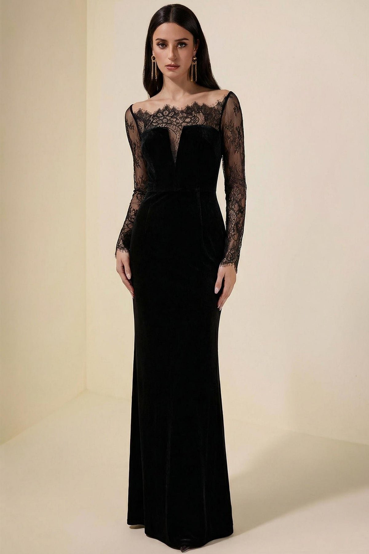 Velvet Splicing Lace Maxi Dress