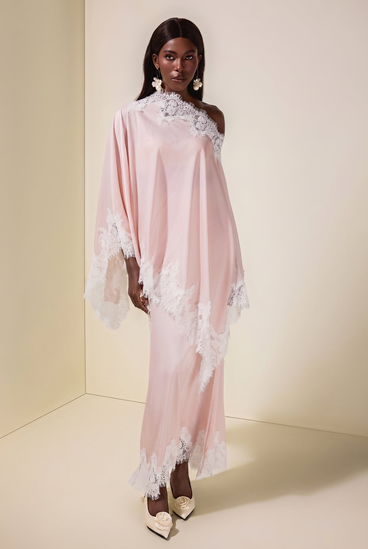 Satin Lace One Shoulder Cape & Maxi Skirt Set
