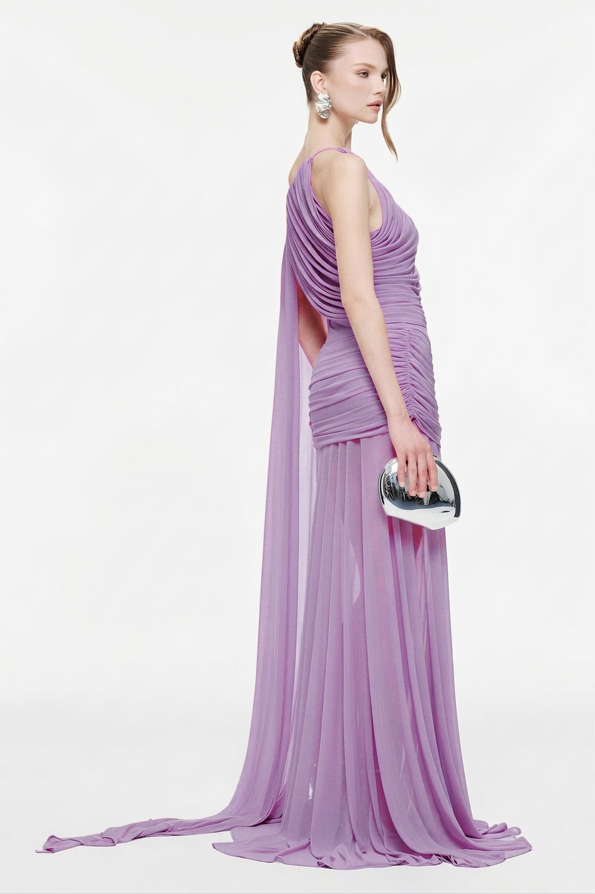 One Shoulder Ruched Slit Maxi Dress