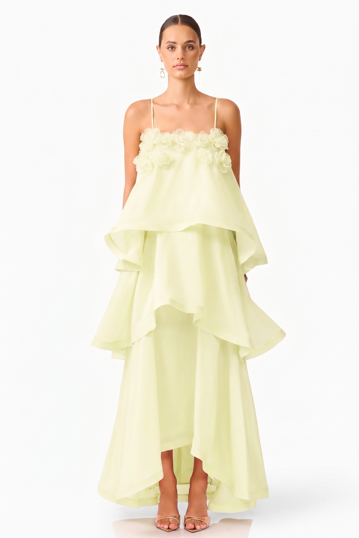 3D Flower Ruffle Slip Midi Dress