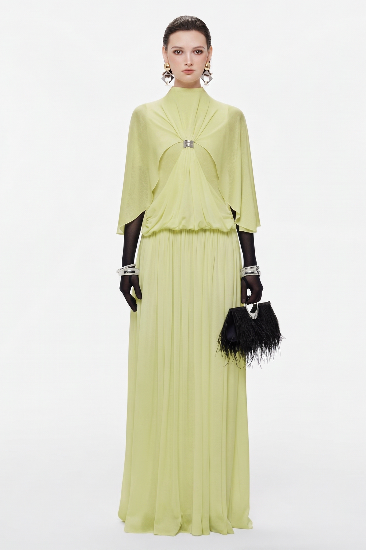 Gathering Metal Decorations Cape Sleeve Maxi Dress