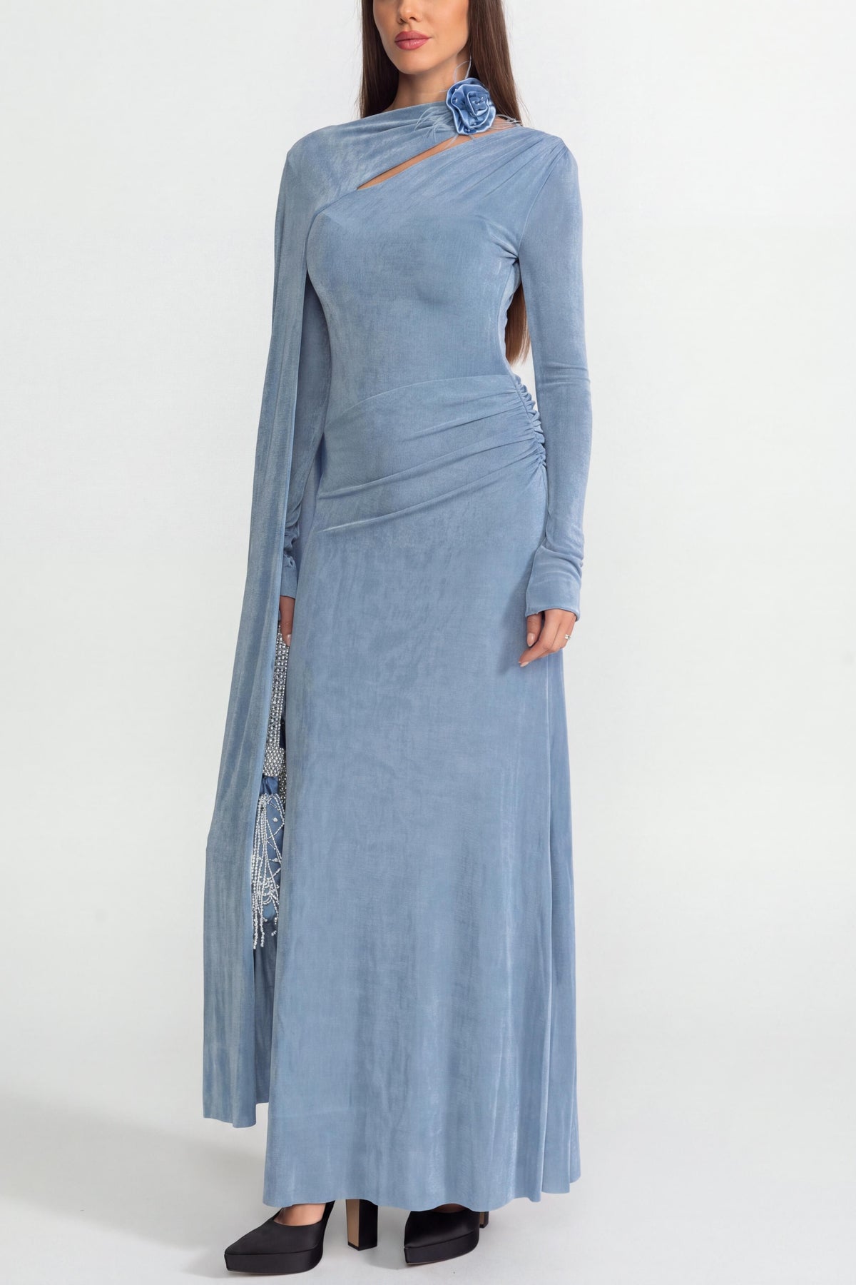 3D Flower Asymmetrical Cape Cut-Out Midi Dress