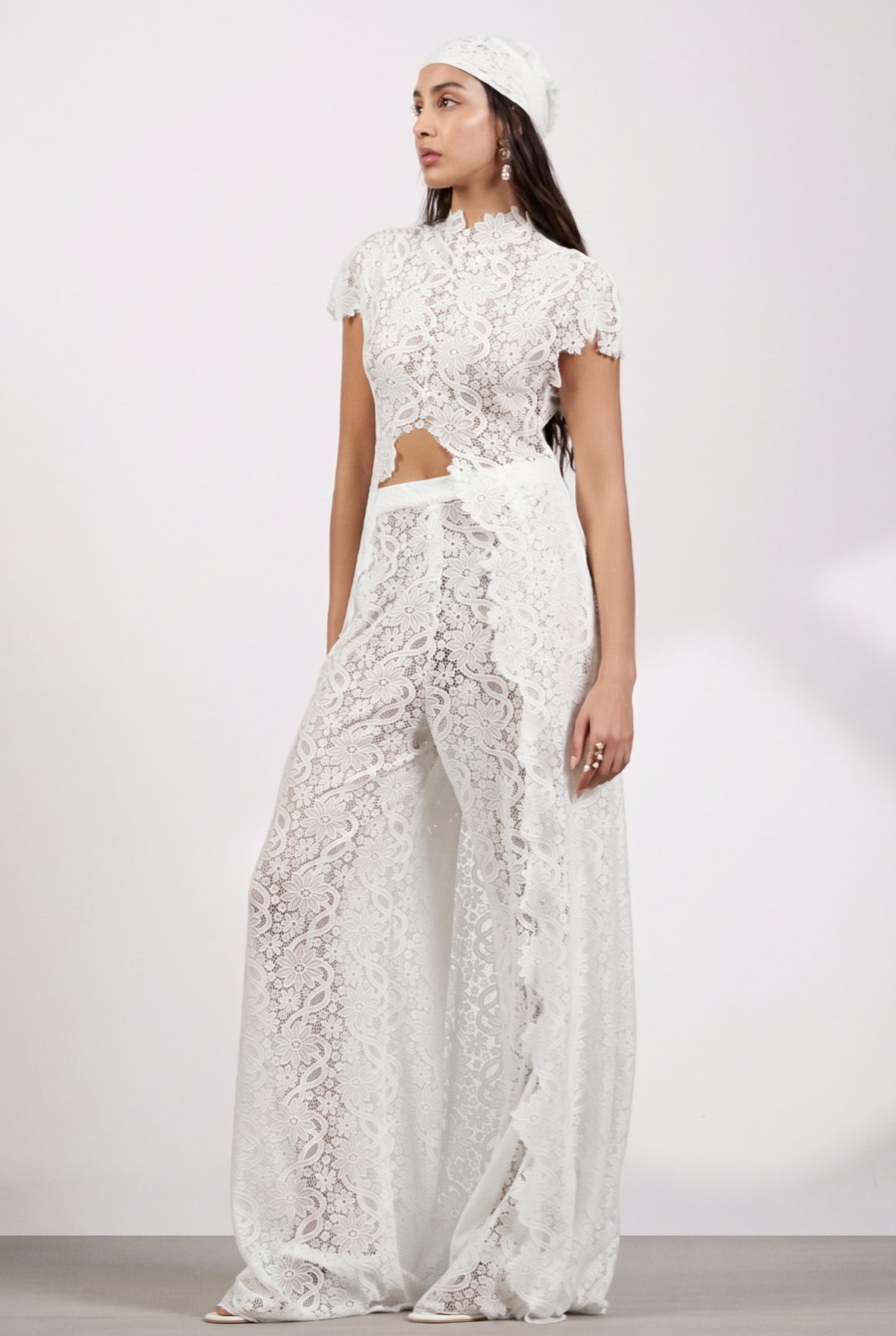 Lace Slit Top & Mid Waist Pants Set