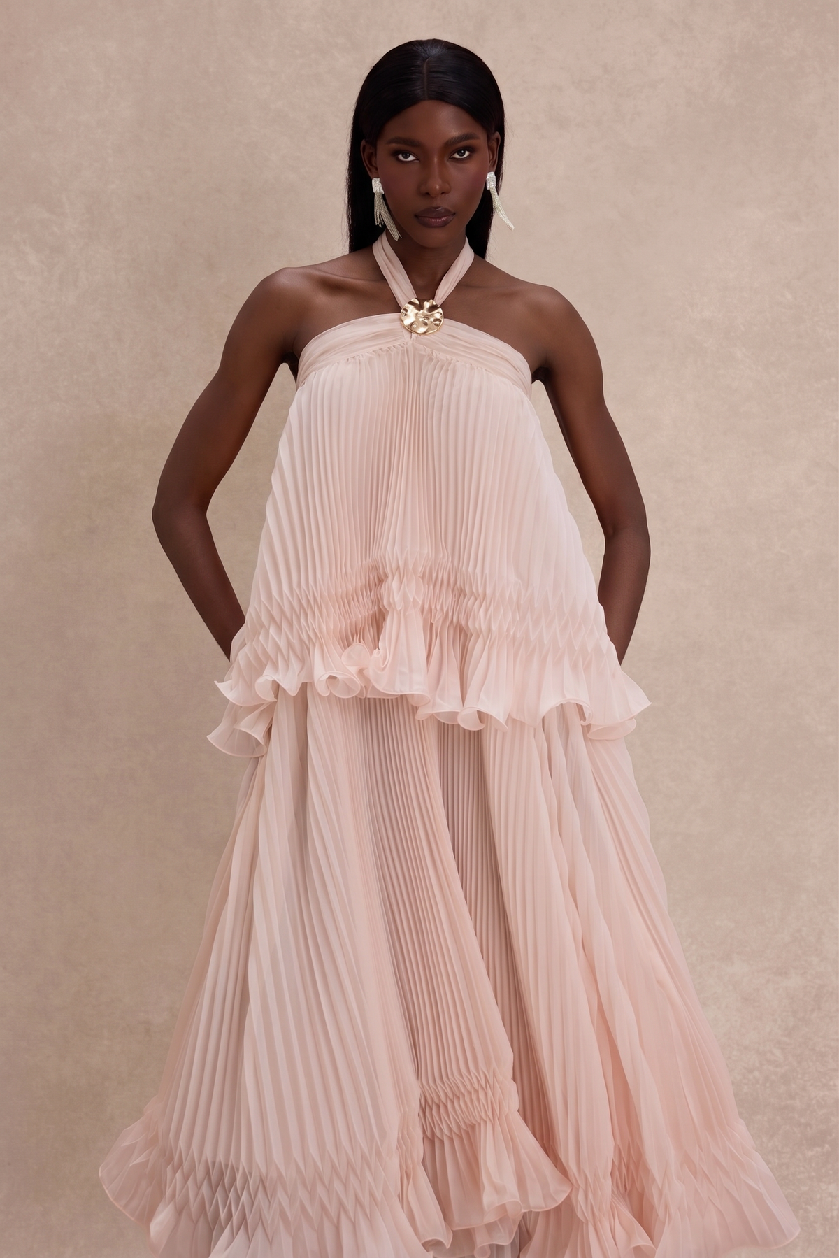 Pleated 3D Flower Halter Neck Midi Dress