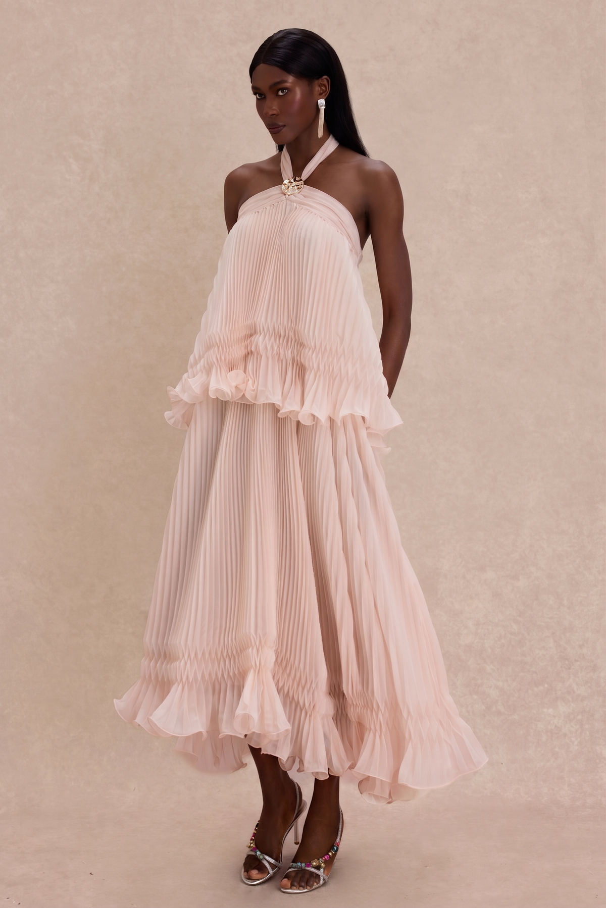 Pleated 3D Flower Halter Neck Midi Dress