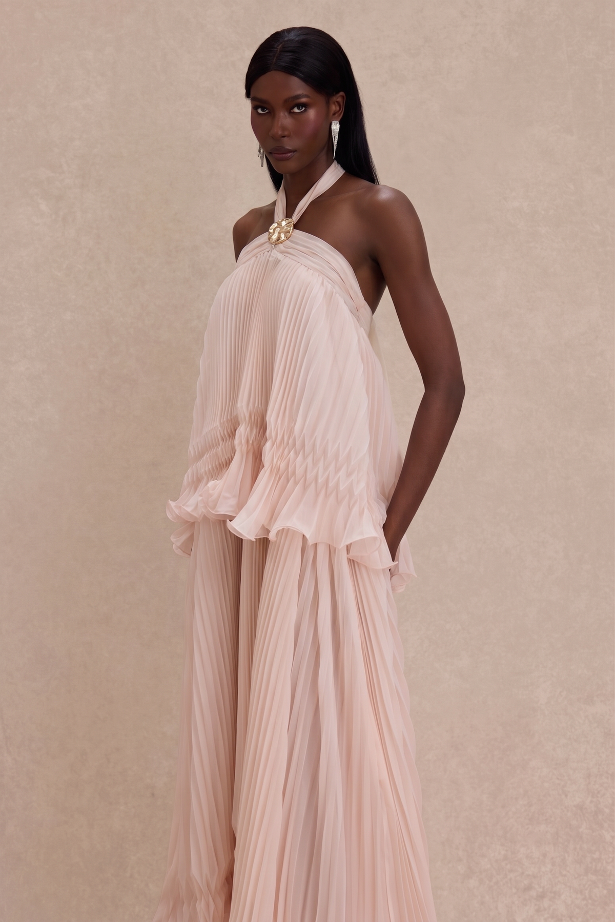 Pleated 3D Flower Halter Neck Midi Dress