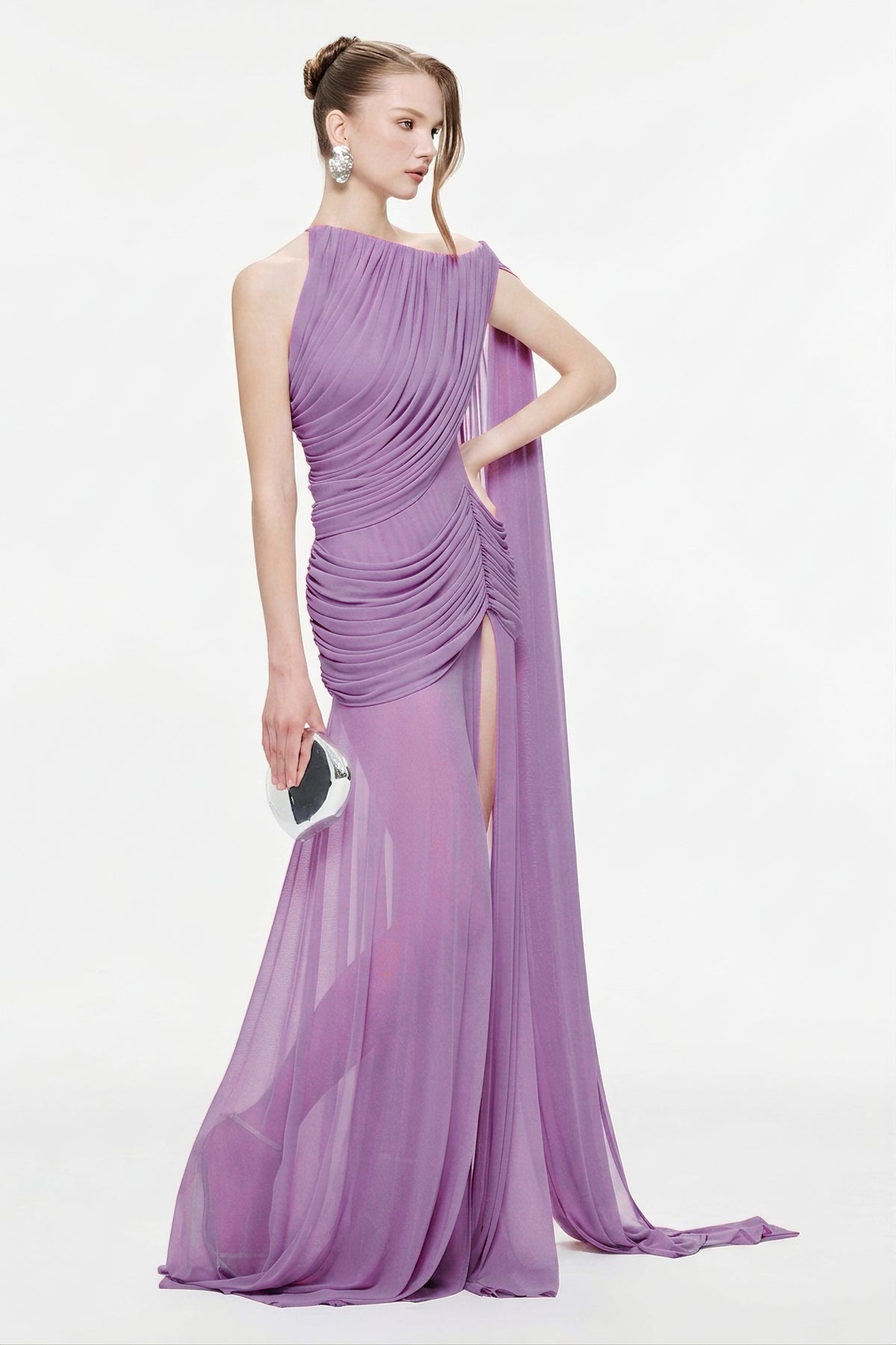One Shoulder Ruched Slit Maxi Dress