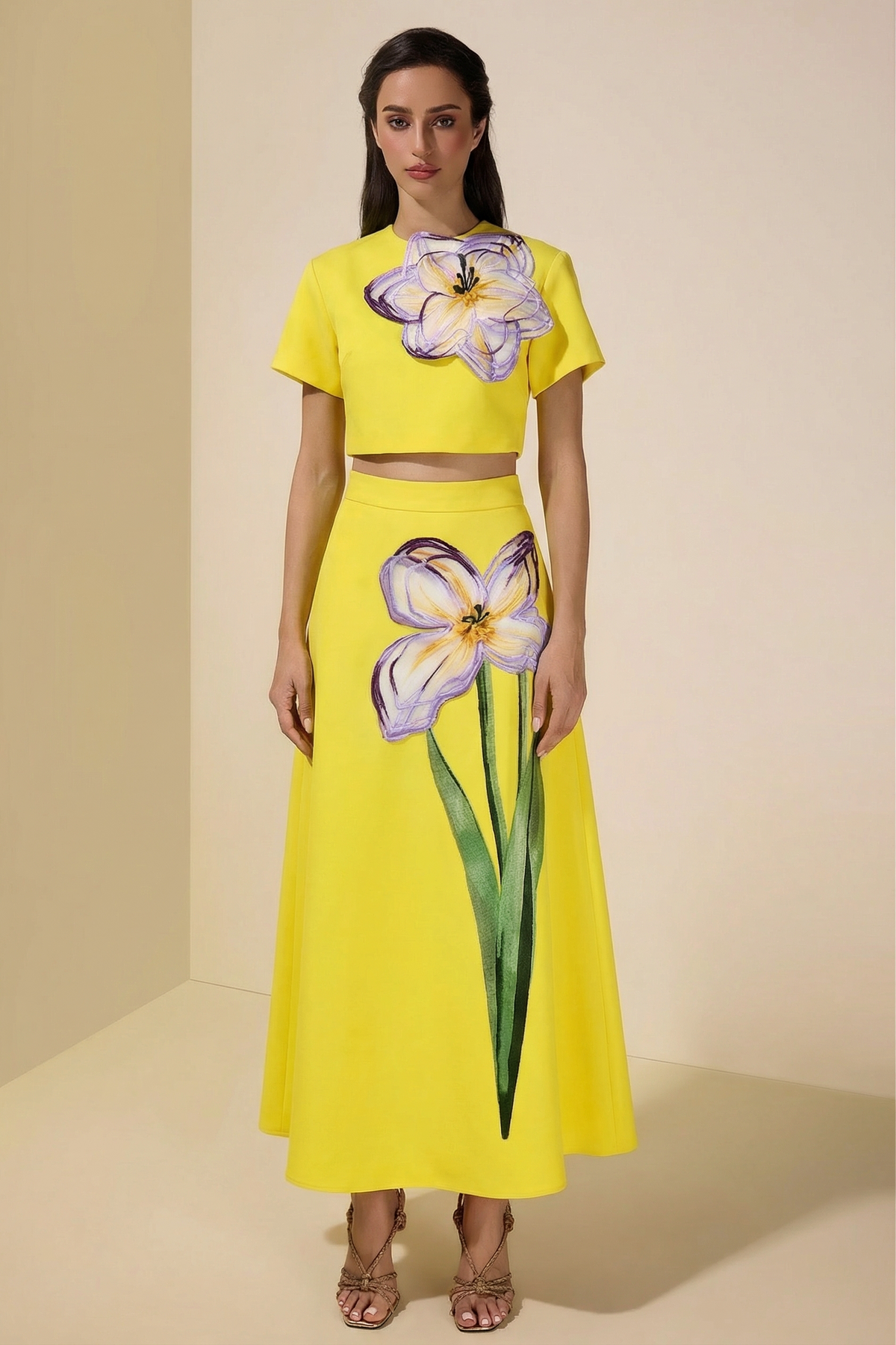 Appliquéd Round Neck Top & Maxi Skirt Set