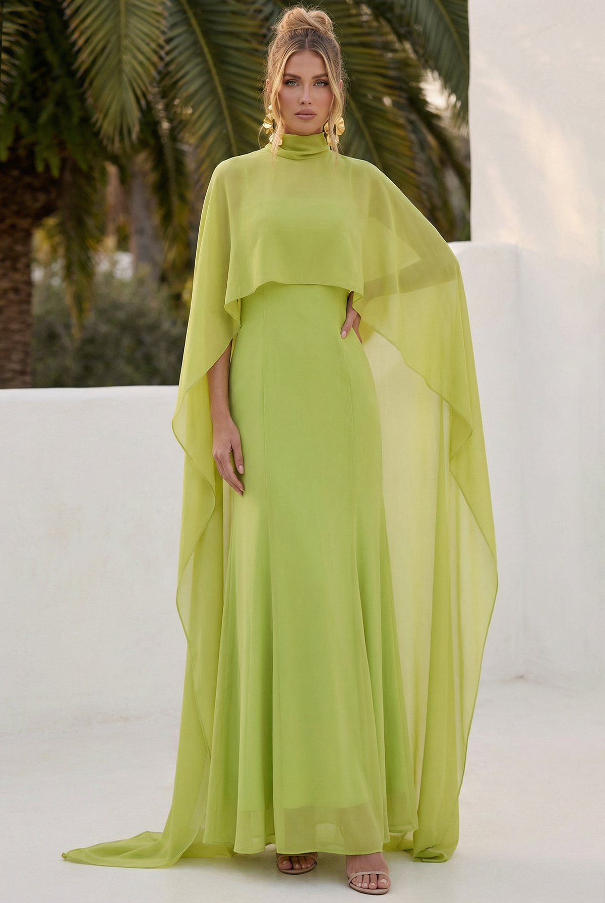 Slip Satin Maxi Dress With Chiffon Cape