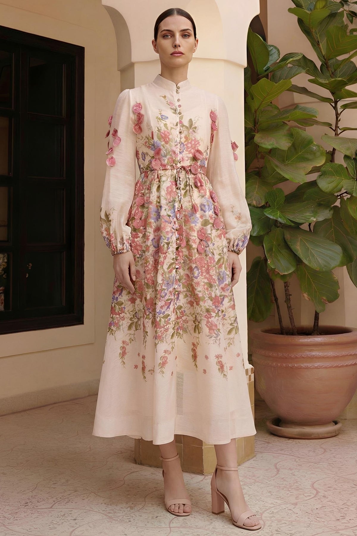 Floral Beaded Single Breasted Maxi Dress