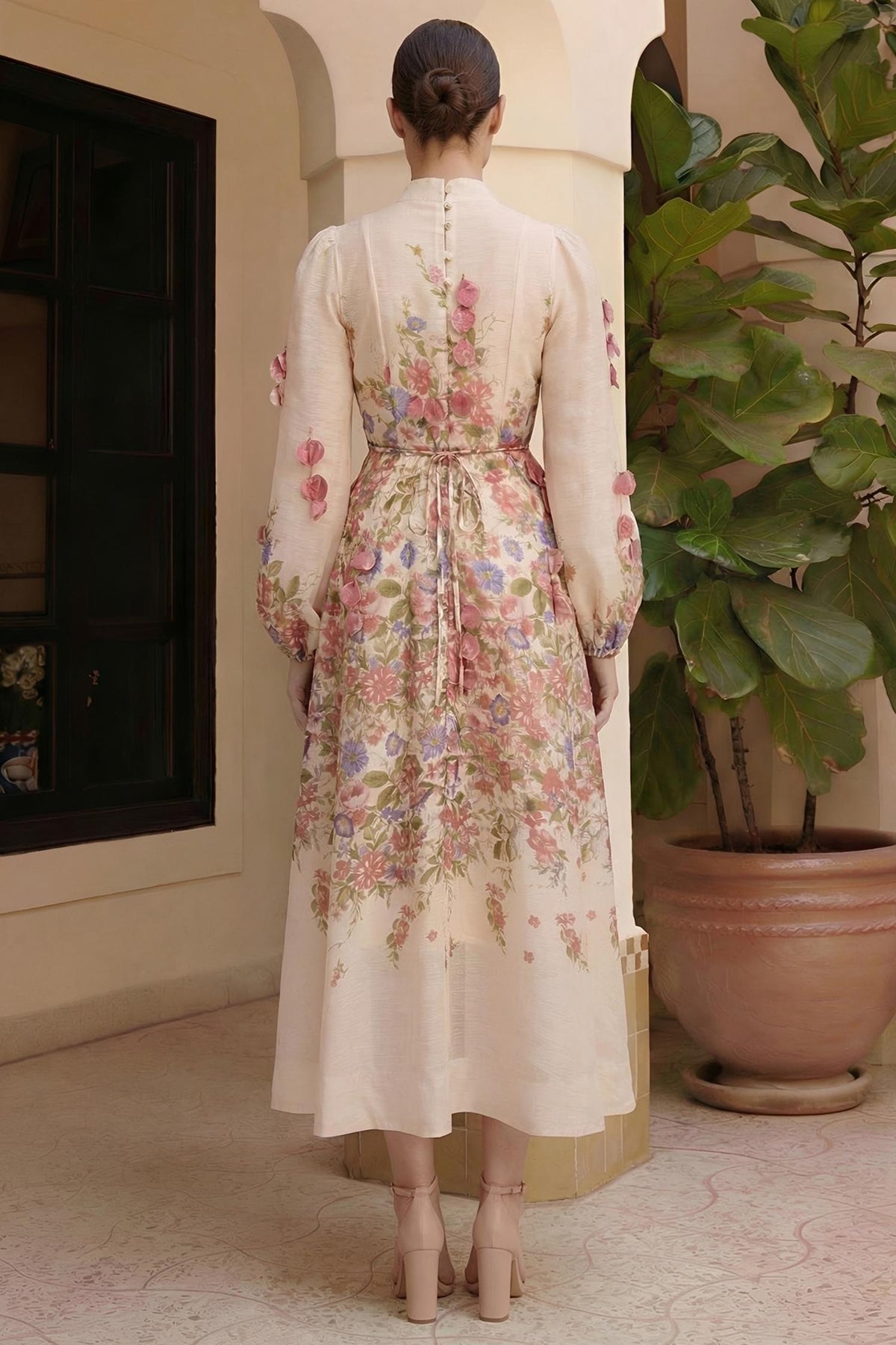 Floral Beaded Single Breasted Maxi Dress