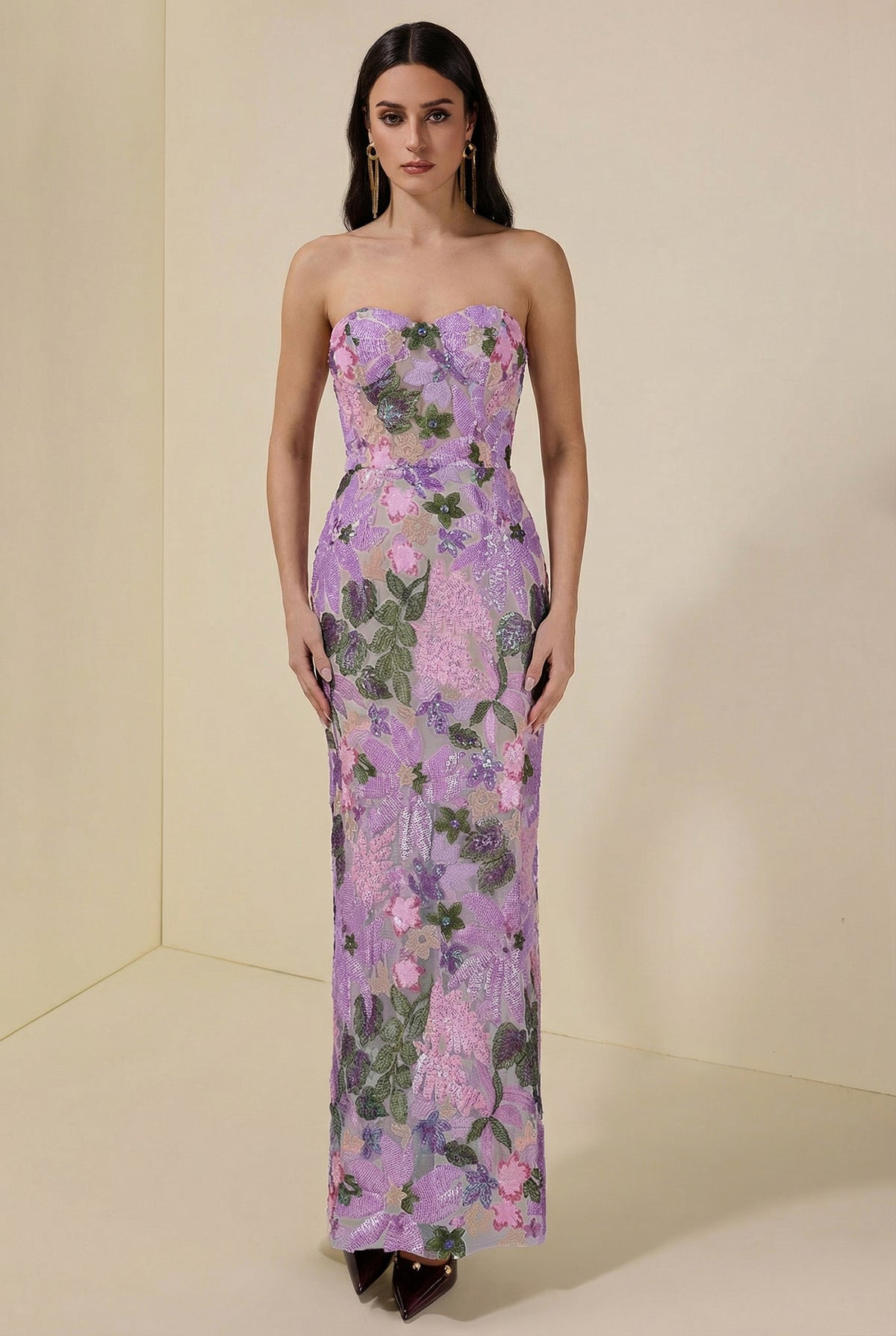 Sequin Embroidered Off-Shoulder Split Maxi Dress