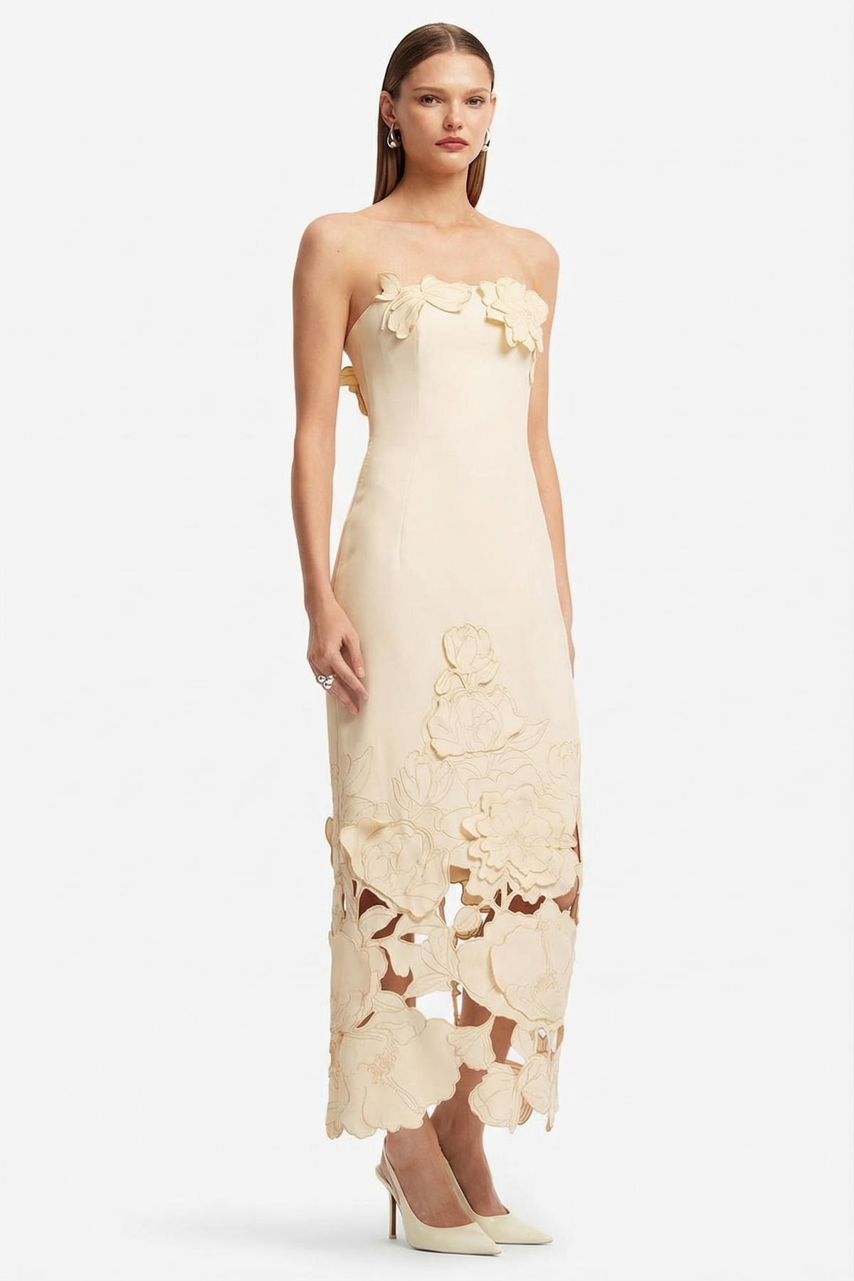 Off-Shoulder Floral Appliquéd Midi Dress