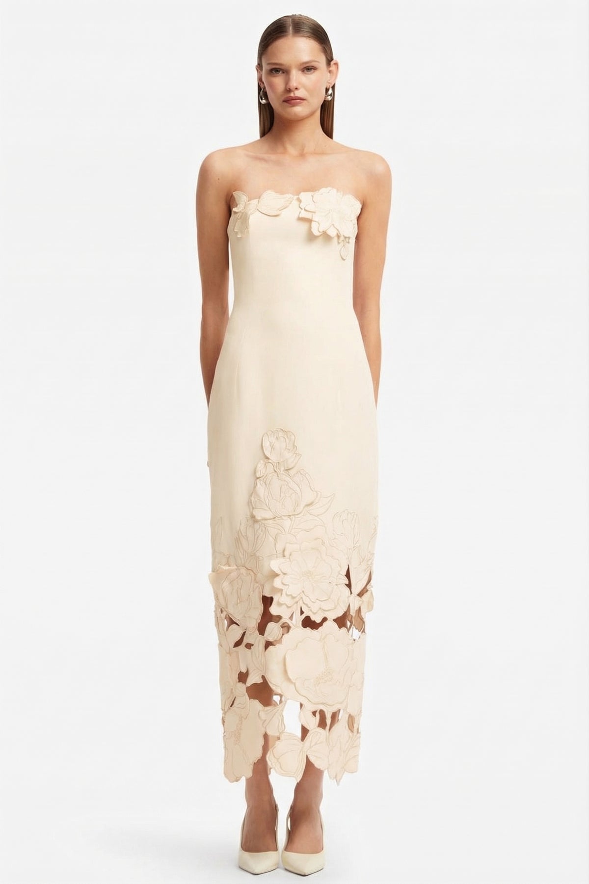 Off-Shoulder Floral Appliquéd Midi Dress
